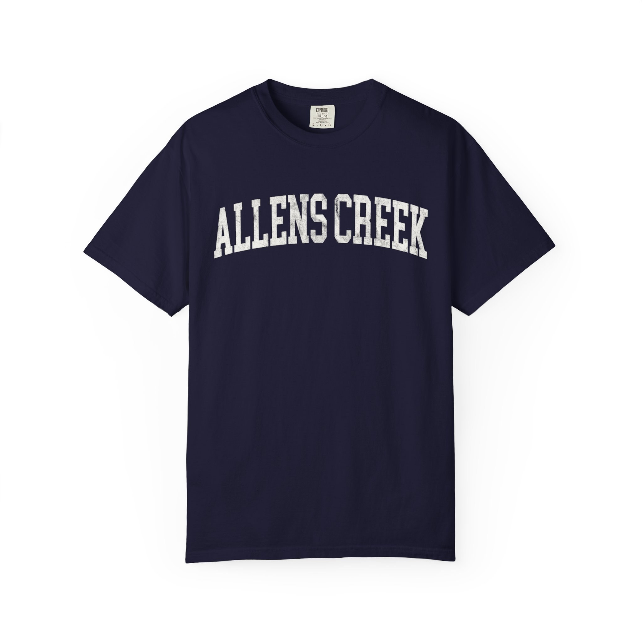 Allens Creek Garment-Dyed Tee in Boathouse Blue, front — ALLENS CREEK lettering