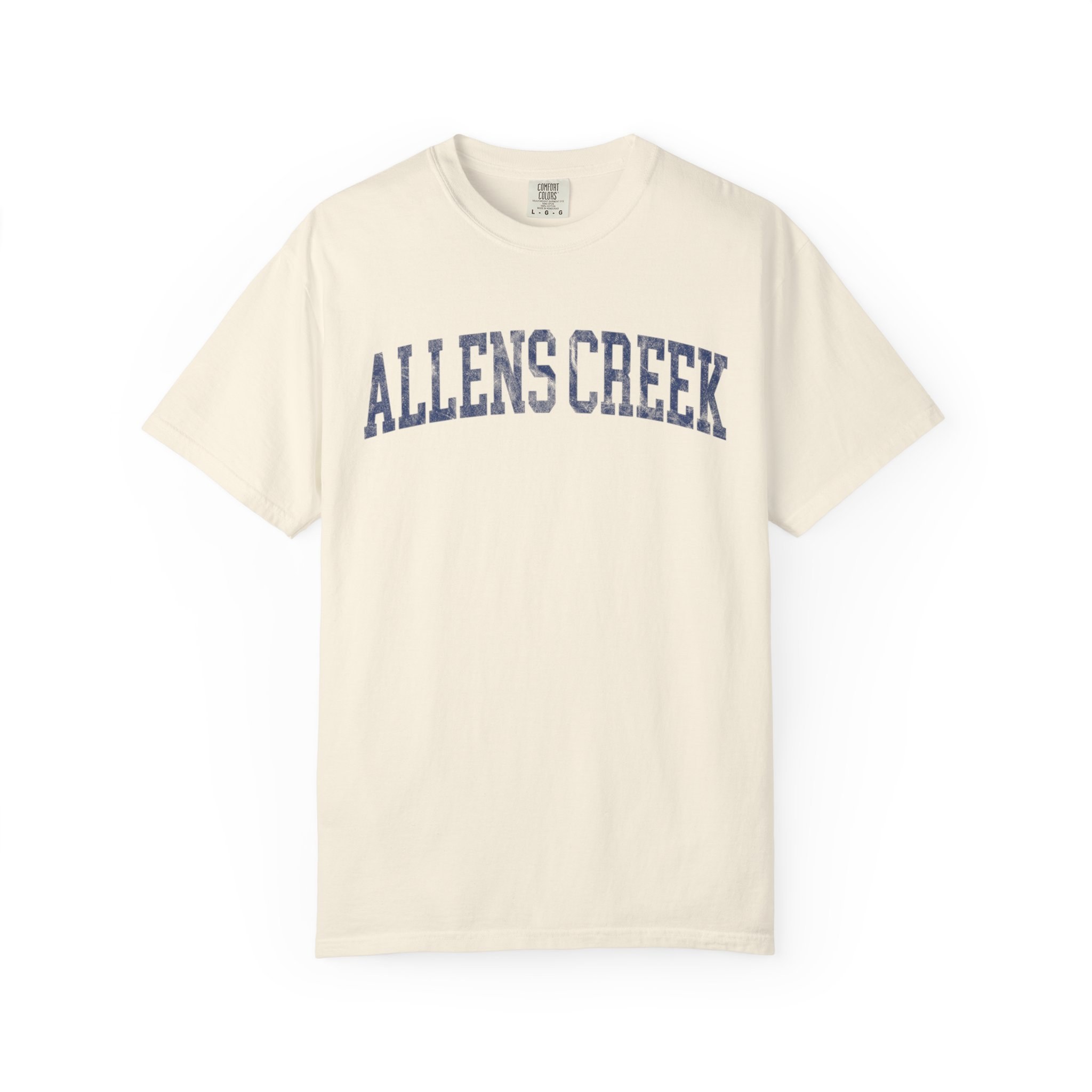 Allens Creek Garment-Dyed Tee in Crème Fraîche, front — ALLENS CREEK lettering