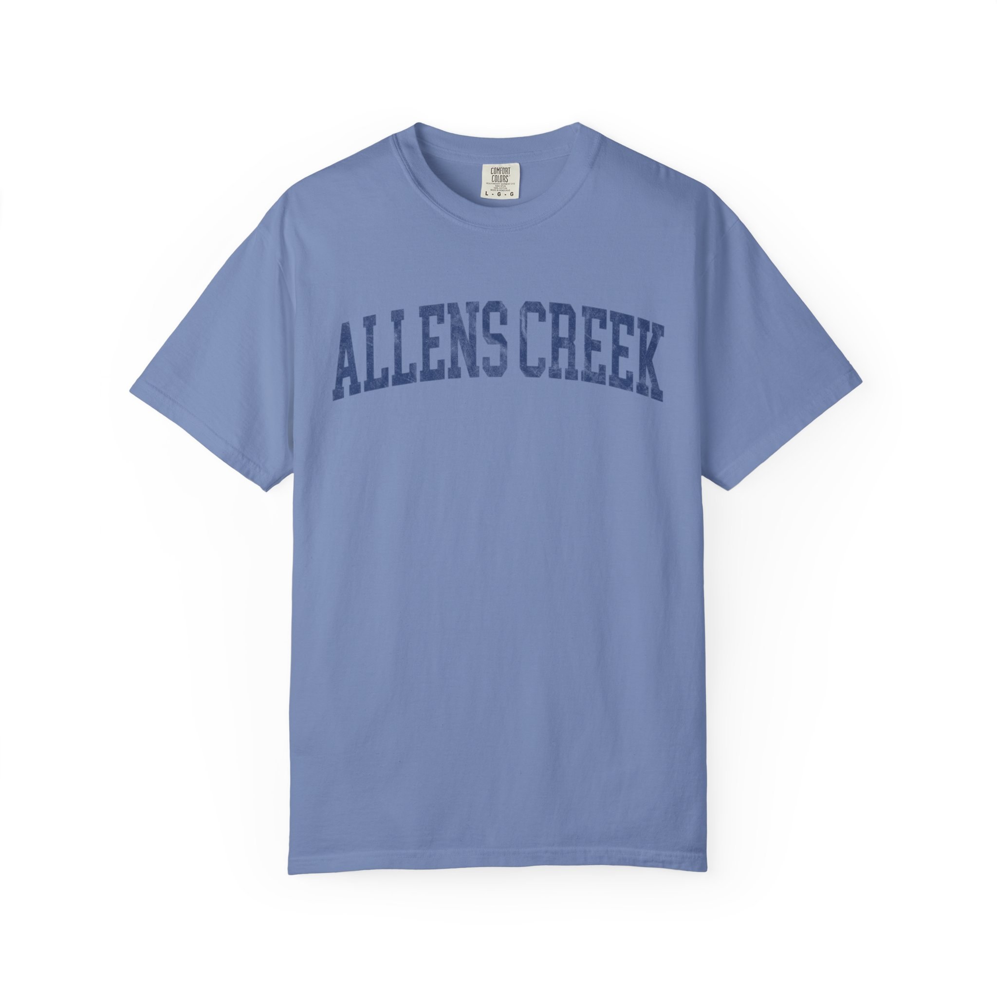 Allens Creek Garment-Dyed Tee in Faded Predawn, front — ALLENS CREEK lettering
