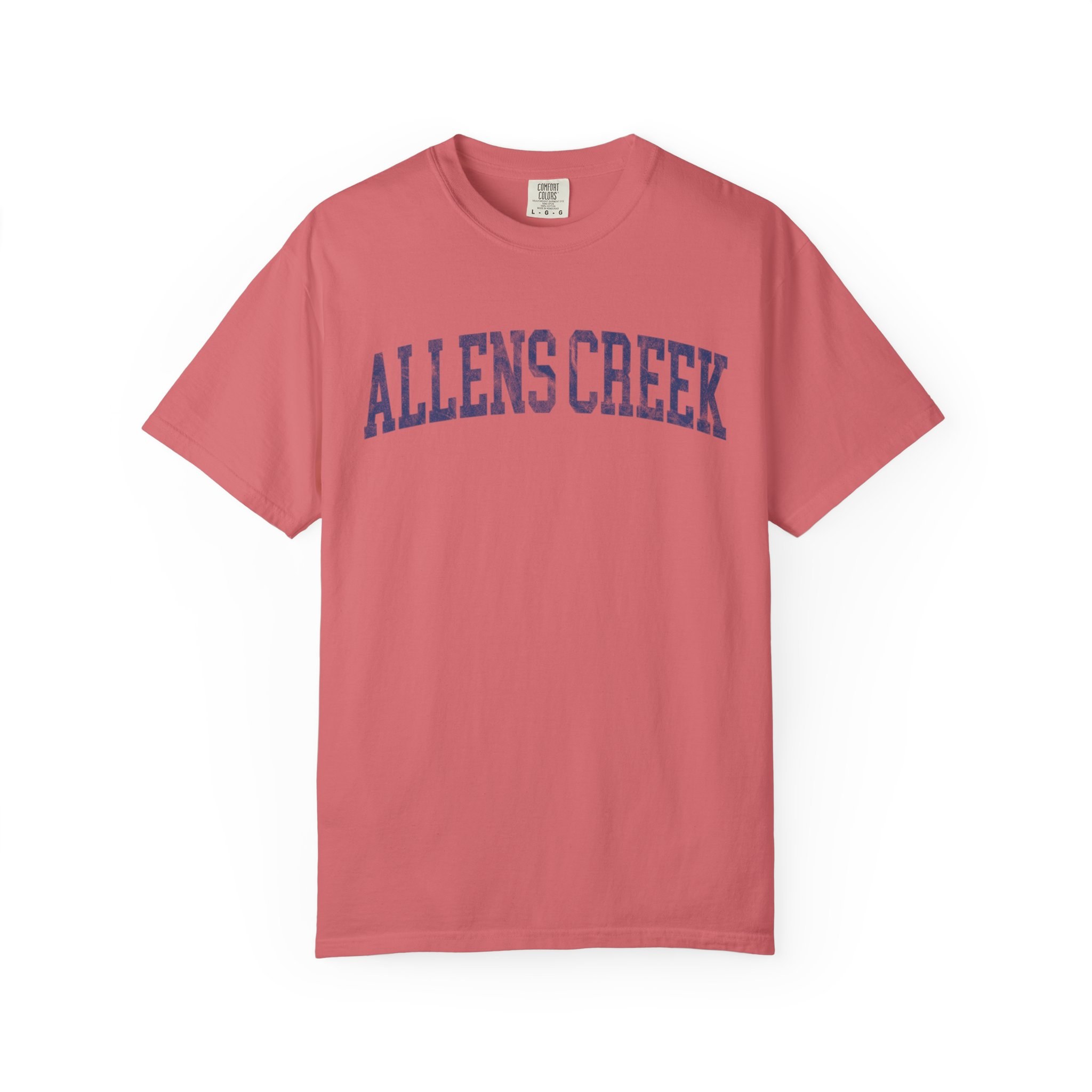 Allens Creek Garment-Dyed Tee in Strawberry Cloud, front — ALLENS CREEK lettering