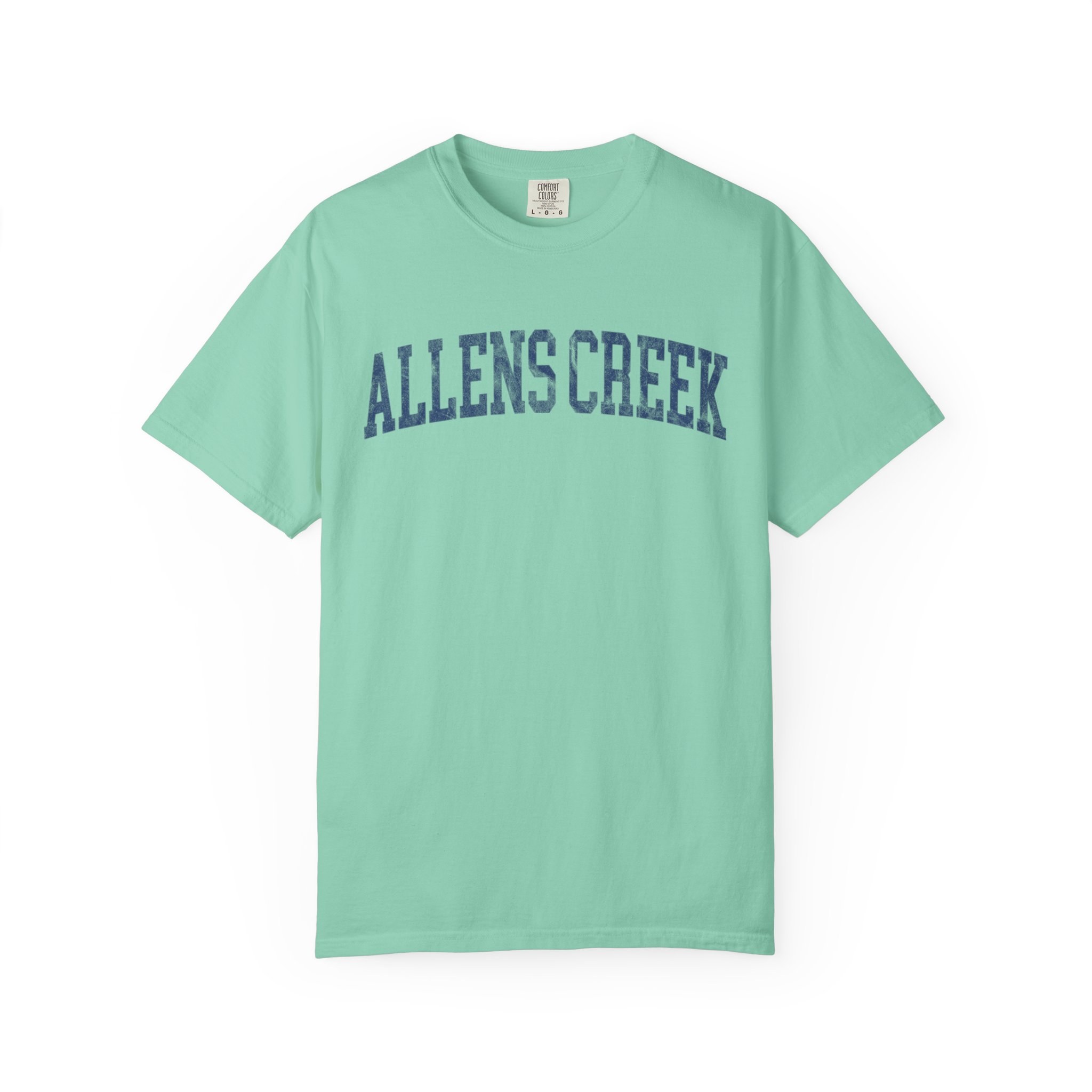 Allens Creek Garment-Dyed Tee in Teal Good Inc, front — ALLENS CREEK lettering