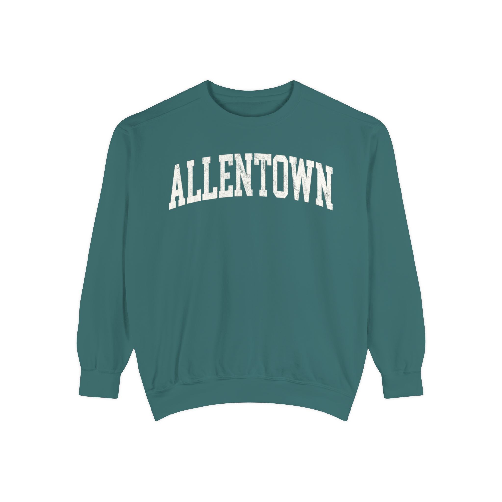 Allentown Garment-Dyed Crewneck in Blue Spruce, front — ALLENTOWN lettering