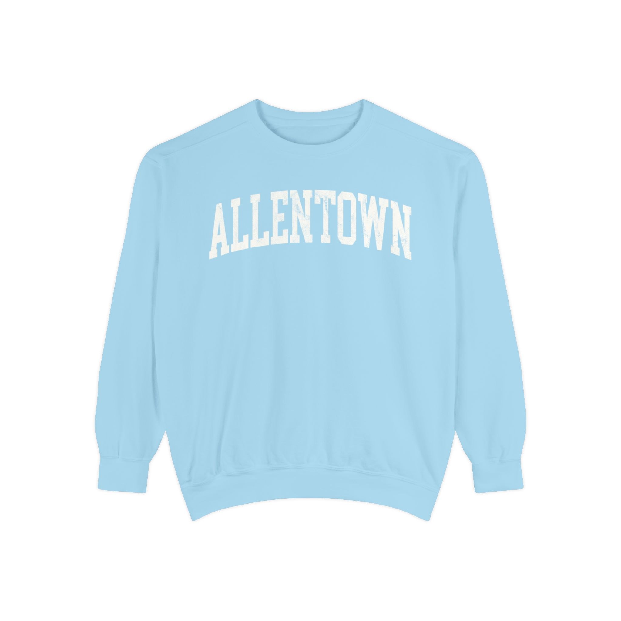 Allentown Garment-Dyed Crewneck in Blueberry Milk, front — ALLENTOWN lettering