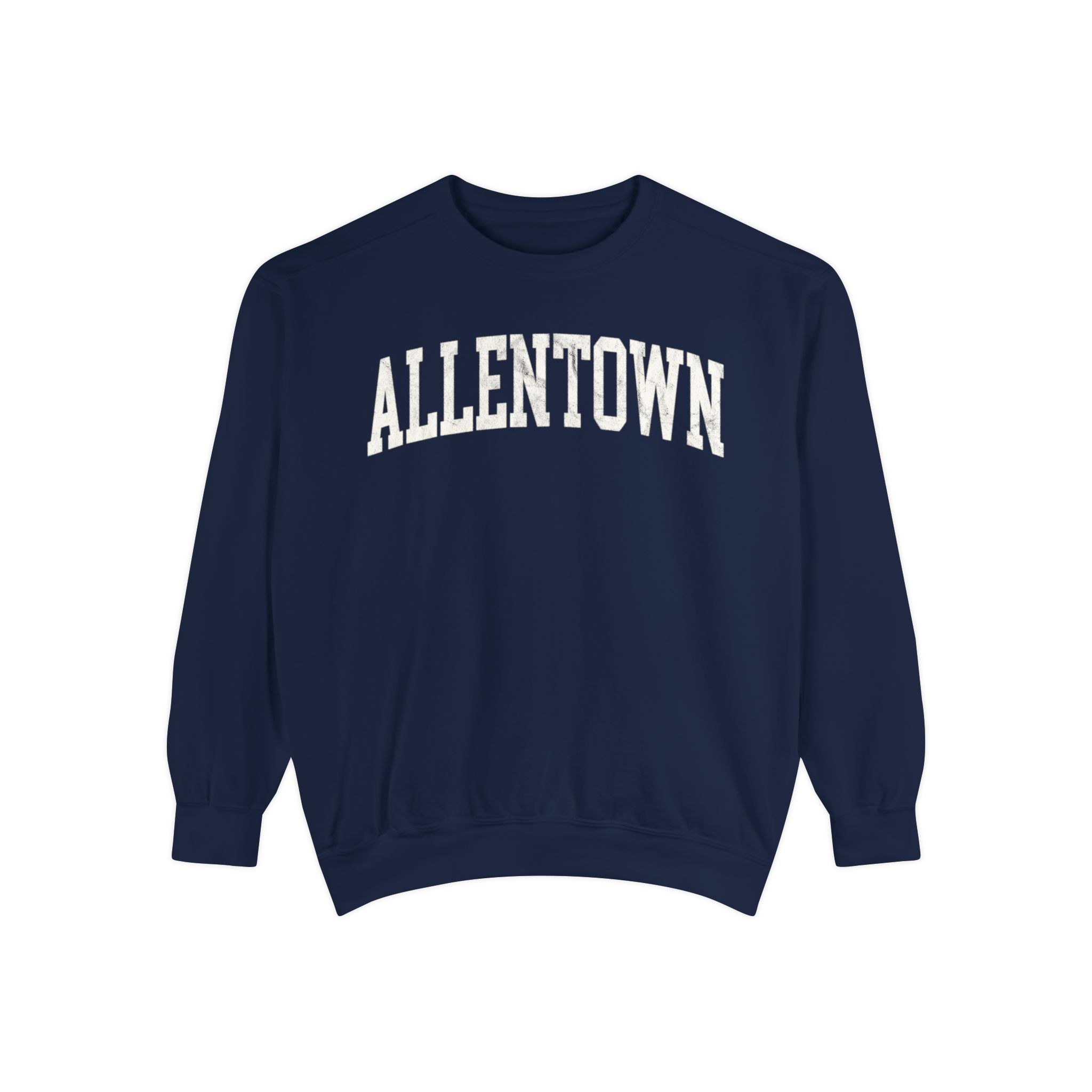 Allentown Garment-Dyed Crewneck in Boathouse Blue, front — ALLENTOWN lettering