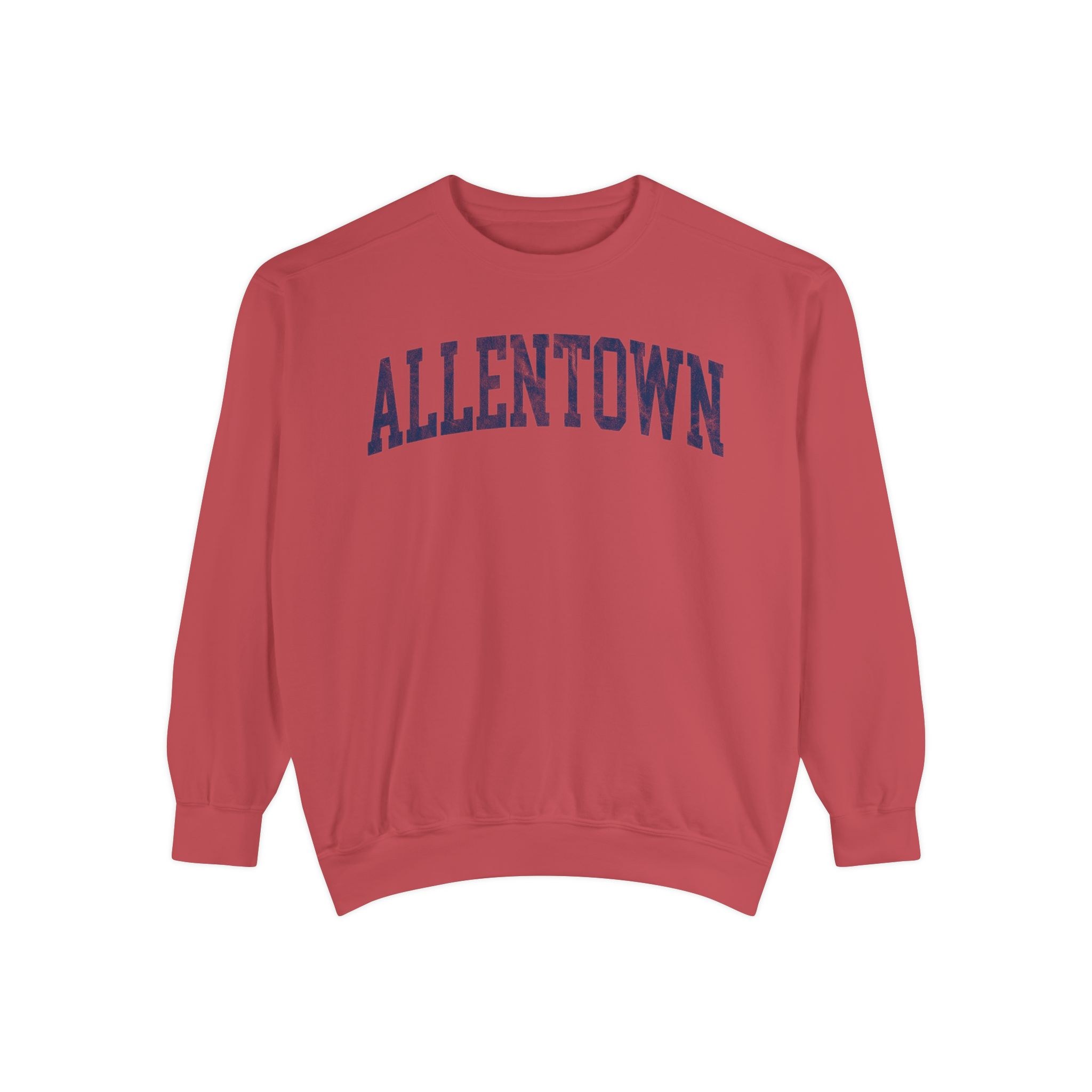 Allentown Garment-Dyed Crewneck in Collegiate Crimson, front — ALLENTOWN lettering