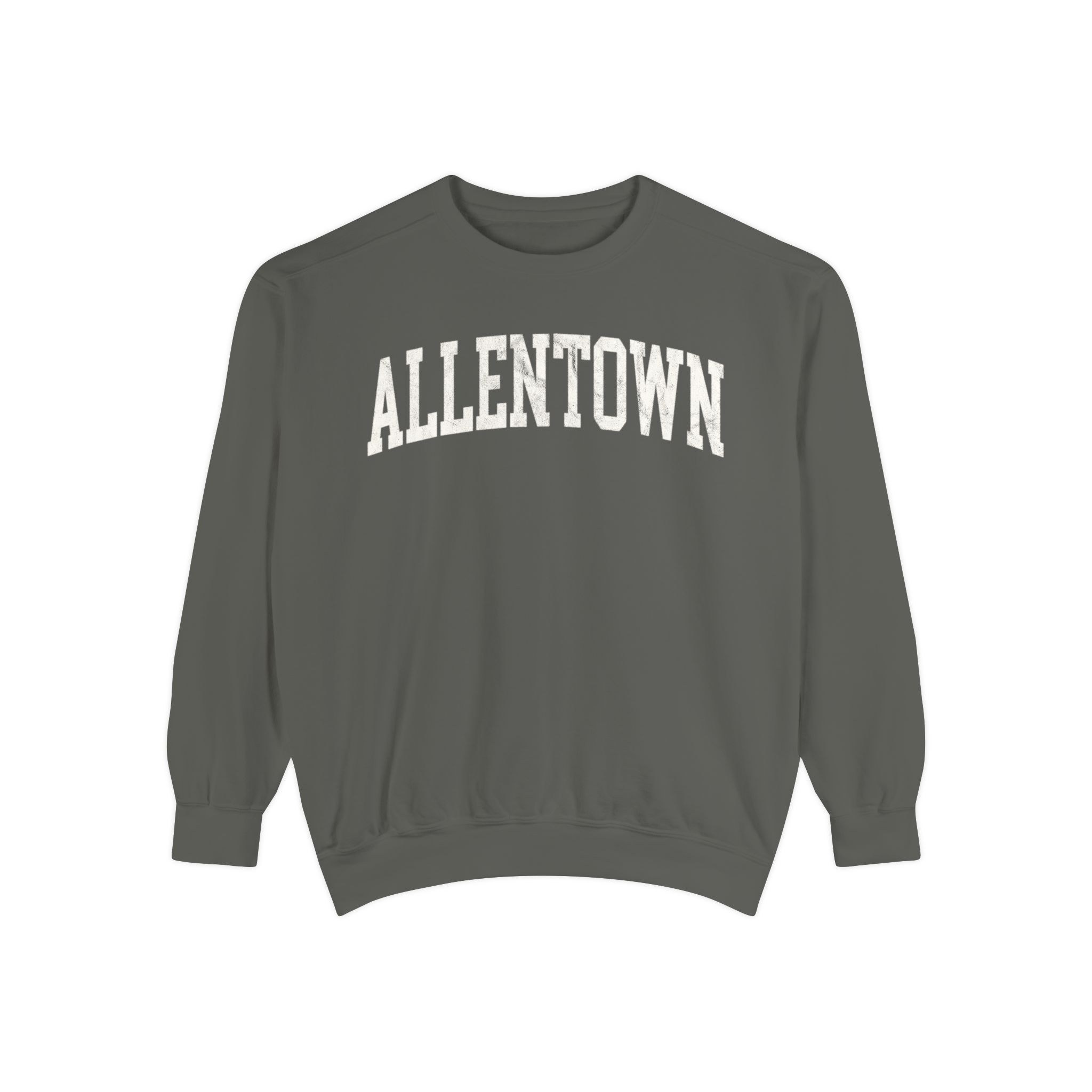 Allentown Garment-Dyed Crewneck in Concrete, front — ALLENTOWN lettering