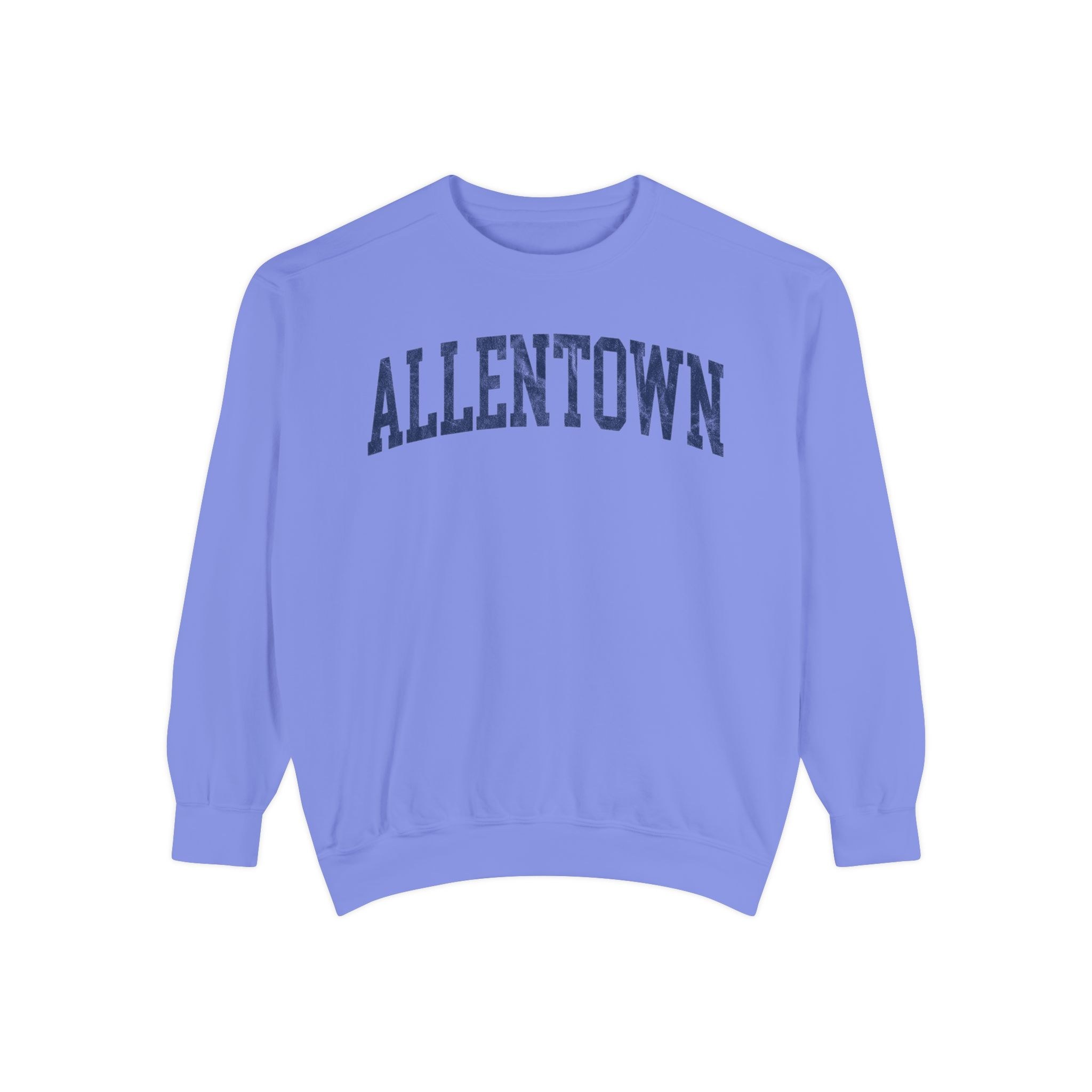 Allentown Garment-Dyed Crewneck in Conesus Blue, front — ALLENTOWN lettering