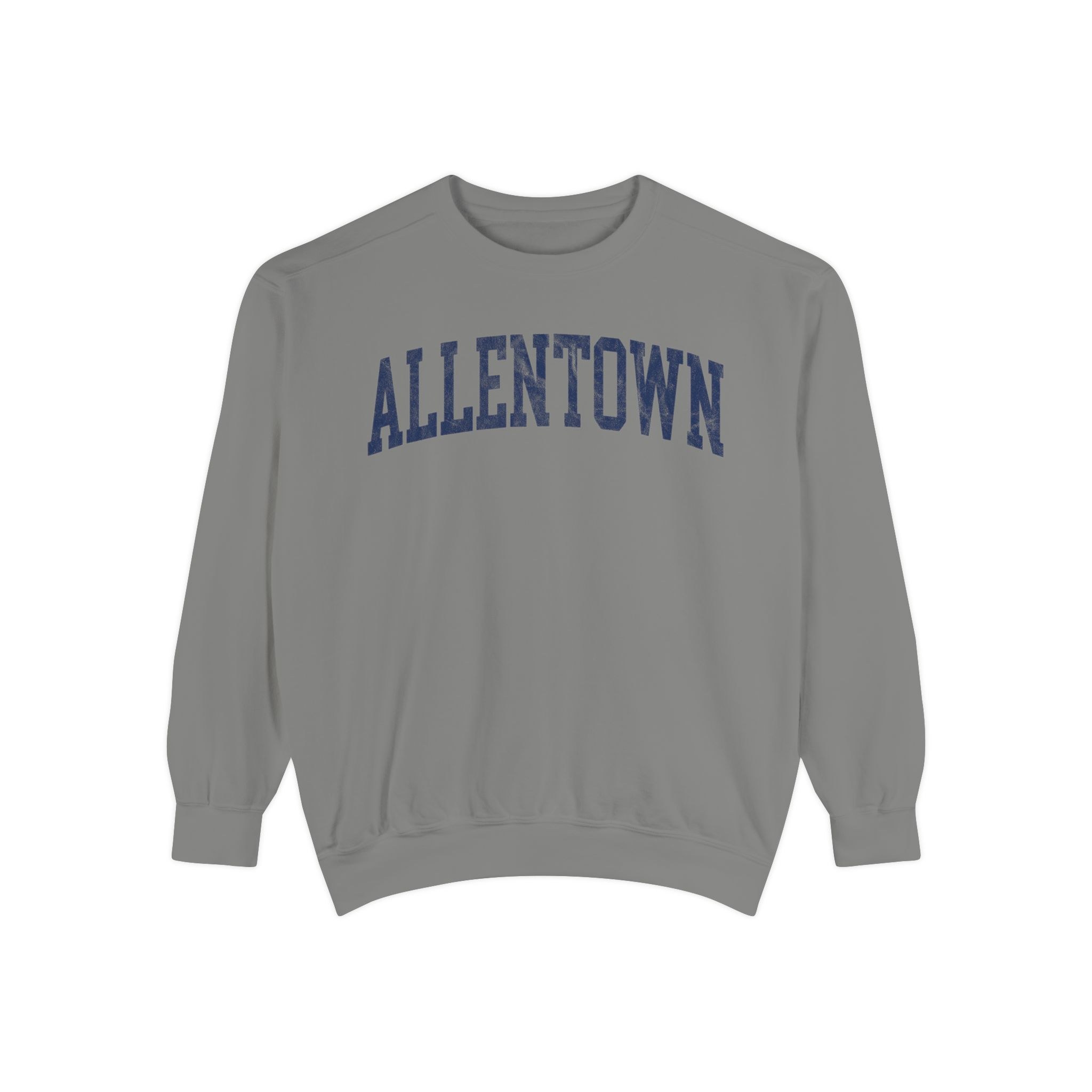 Allentown Garment-Dyed Crewneck in Dusting, front — ALLENTOWN lettering