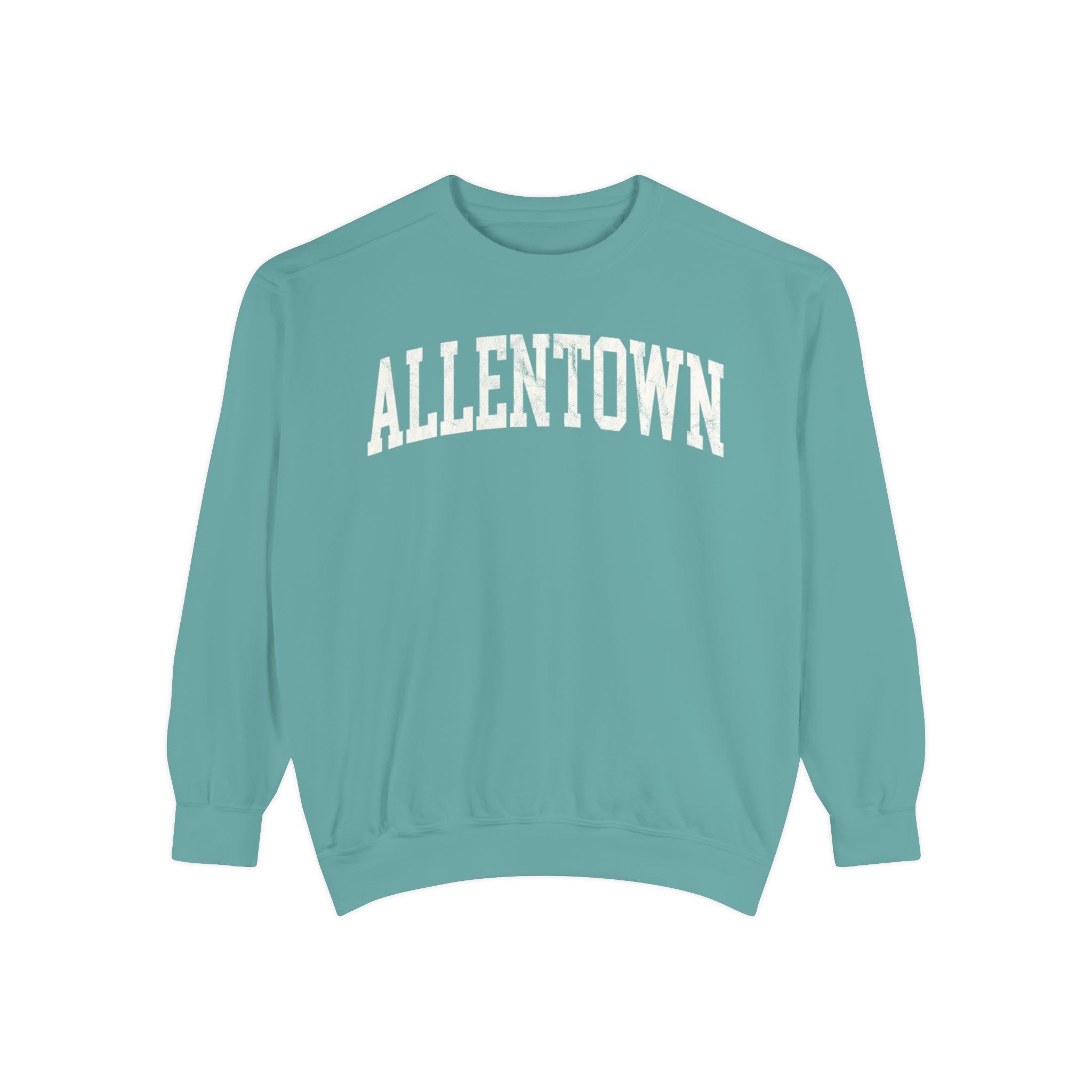 Allentown Garment-Dyed Crewneck in Erie Blue, front — ALLENTOWN lettering