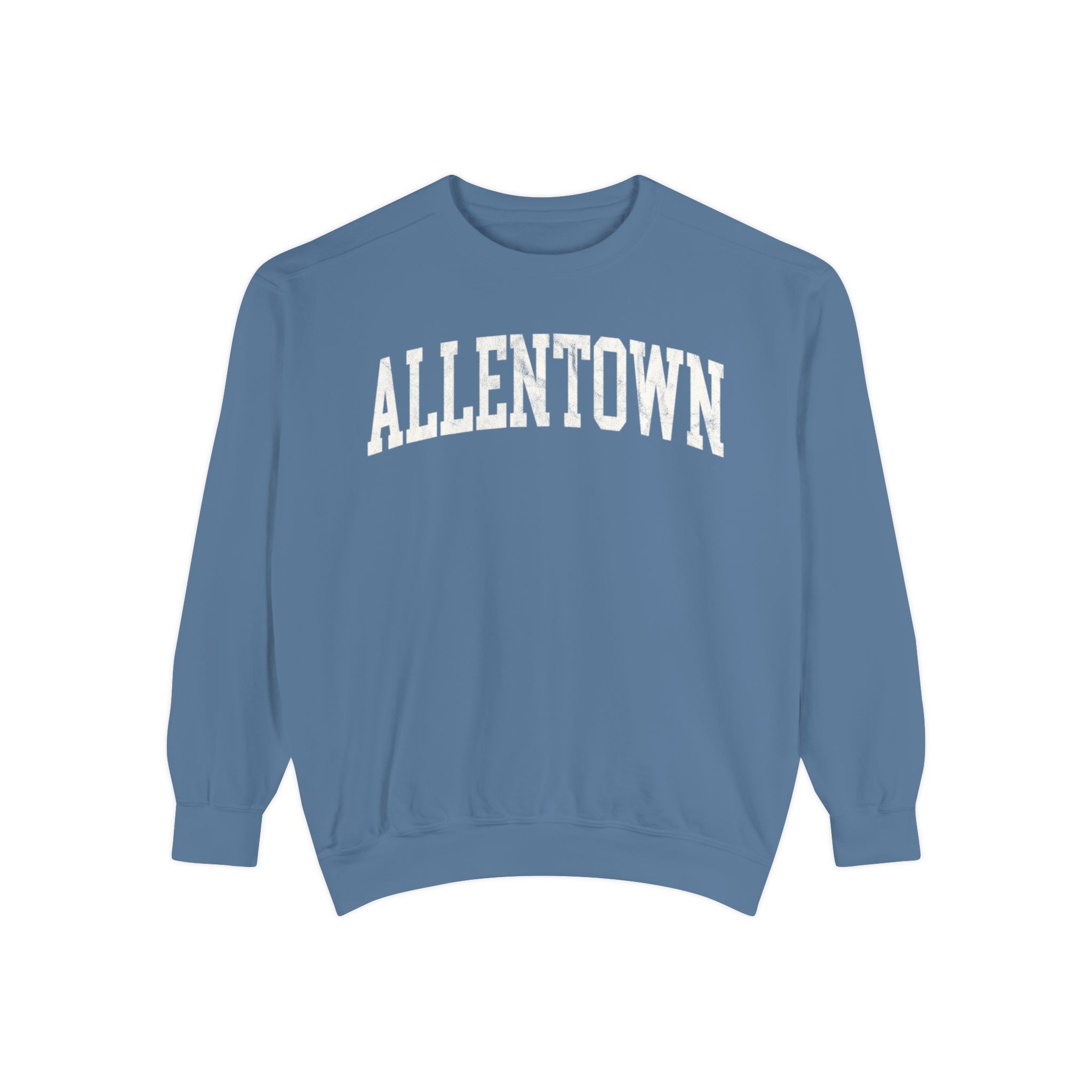 Allentown Garment-Dyed Crewneck in Samantha Blue, front — ALLENTOWN lettering