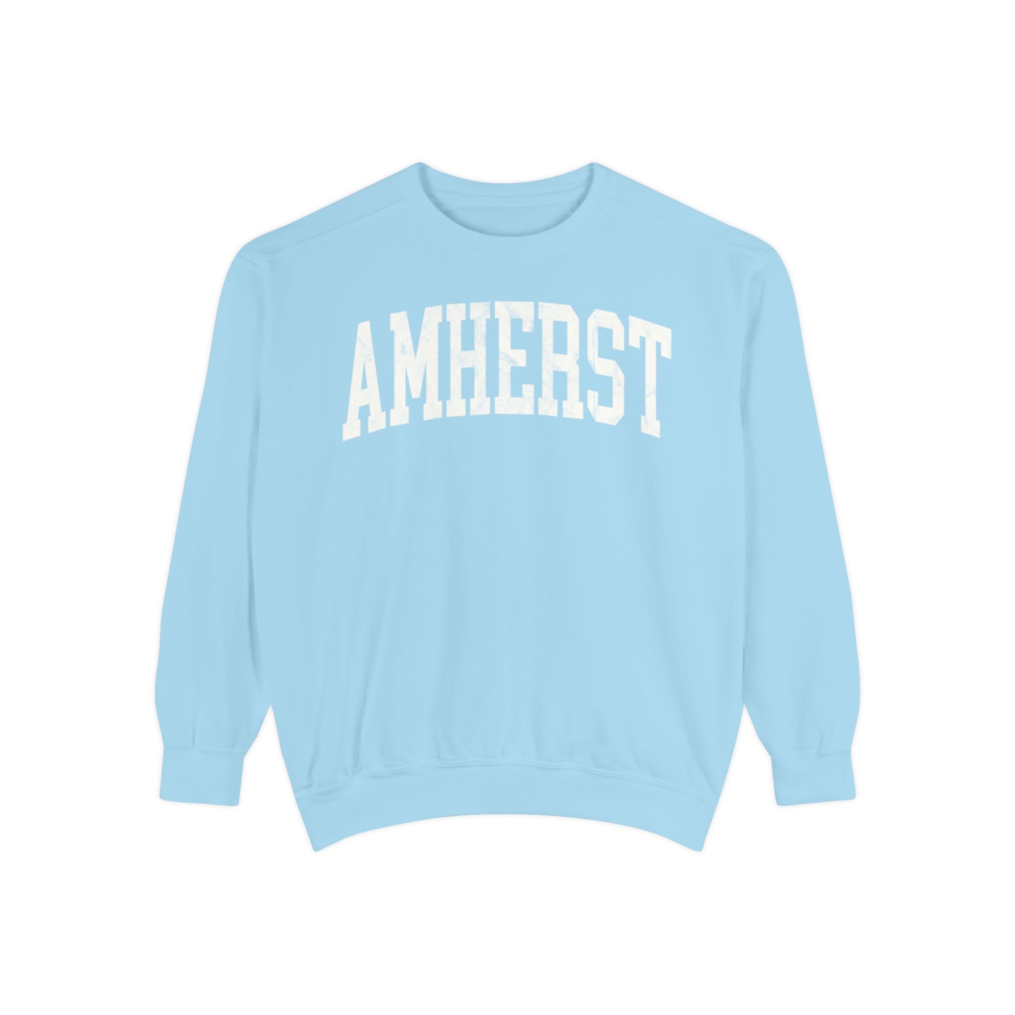 Amherst Garment-Dyed Crewneck in Blueberry Milk, front — AMHERST lettering