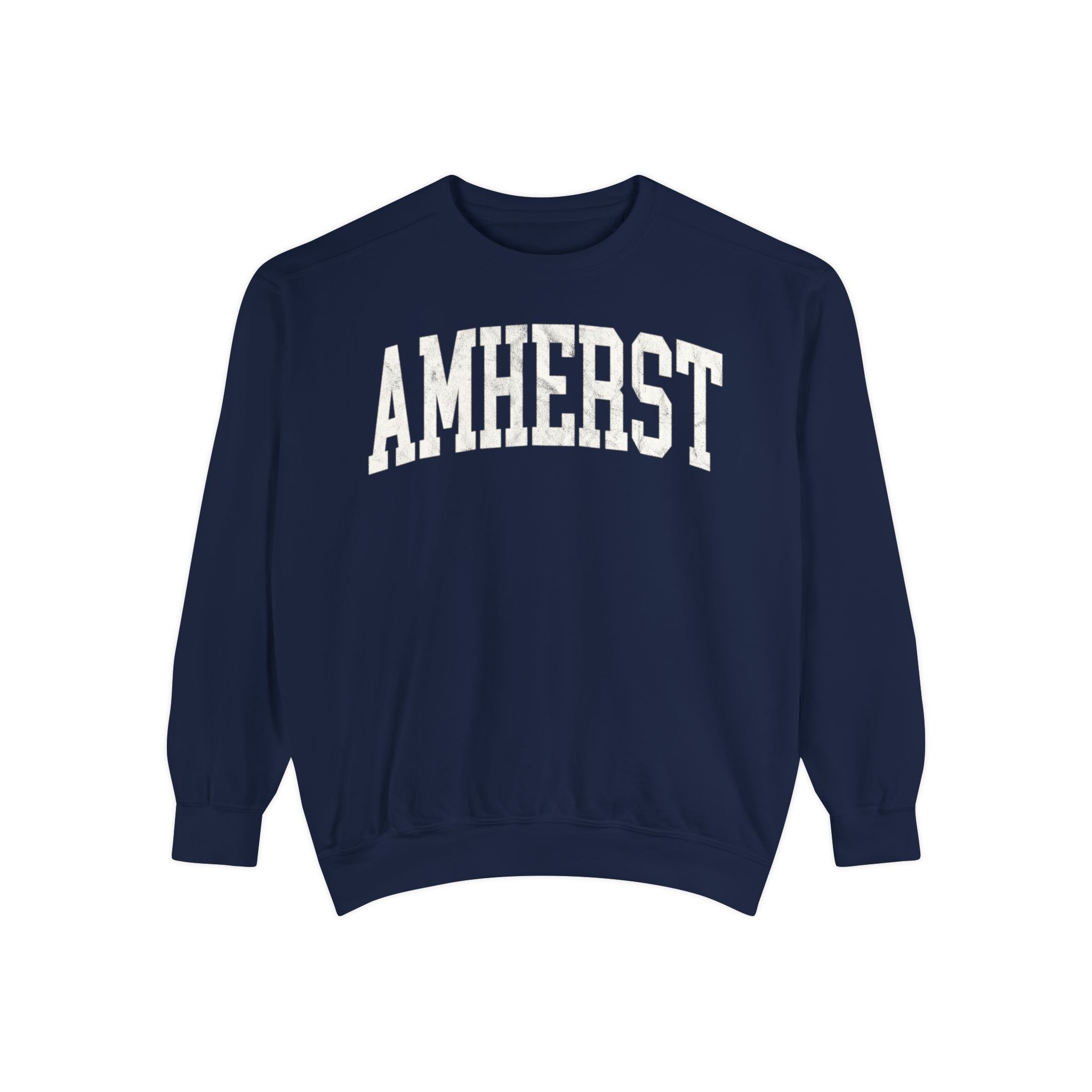 Amherst Garment-Dyed Crewneck in Boathouse Blue, front — AMHERST lettering
