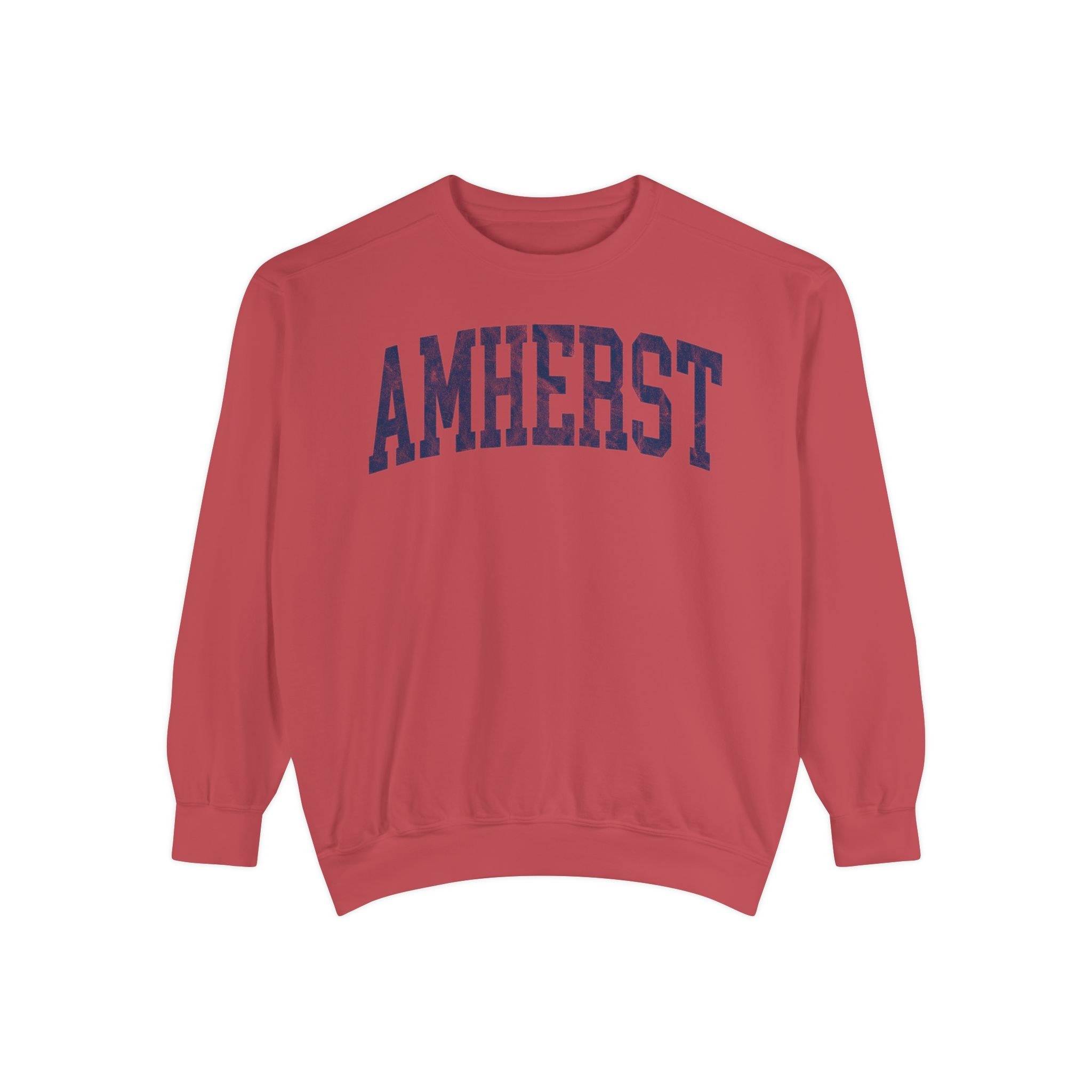 Amherst Garment-Dyed Crewneck in Collegiate Crimson, front — AMHERST lettering