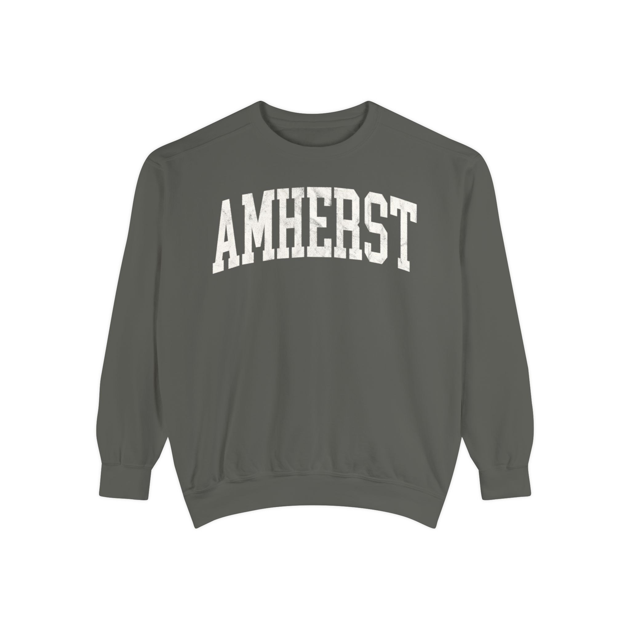 Amherst Garment-Dyed Crewneck in Concrete, front — AMHERST lettering