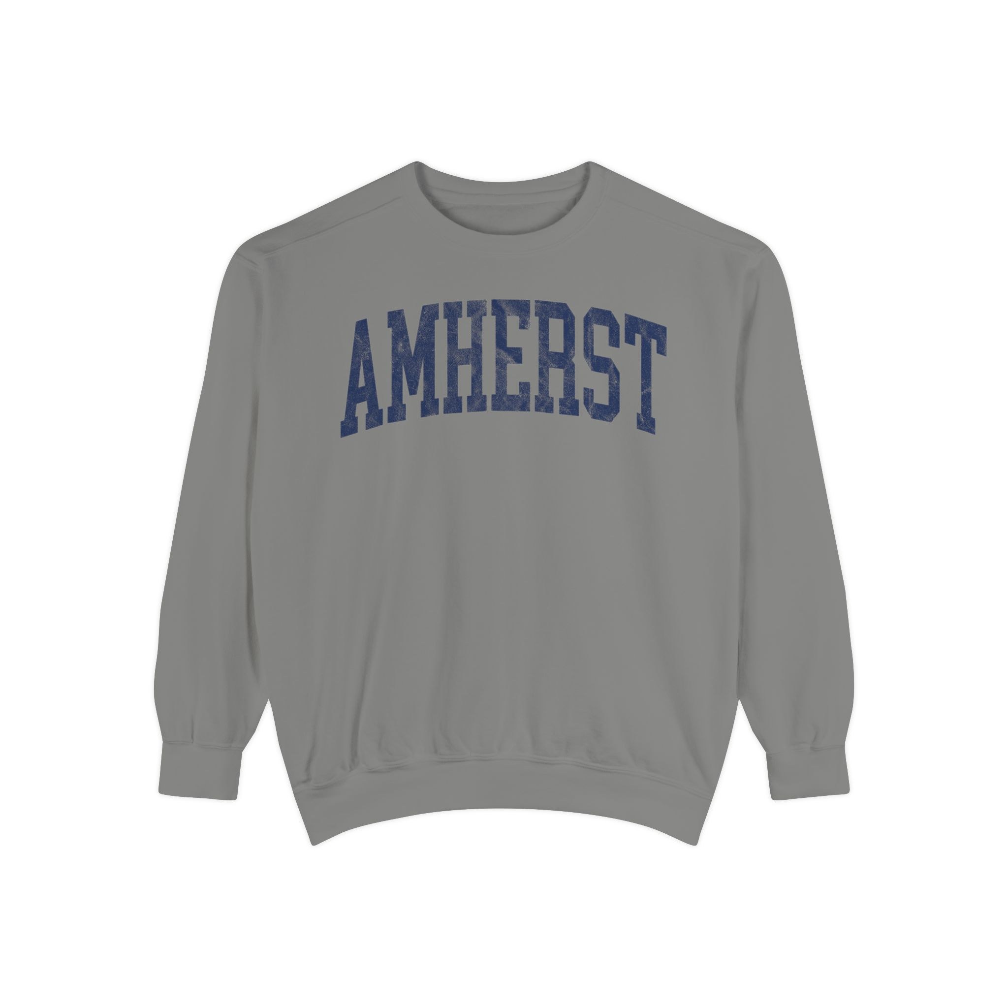 Amherst Garment-Dyed Crewneck in Dusting, front — AMHERST lettering