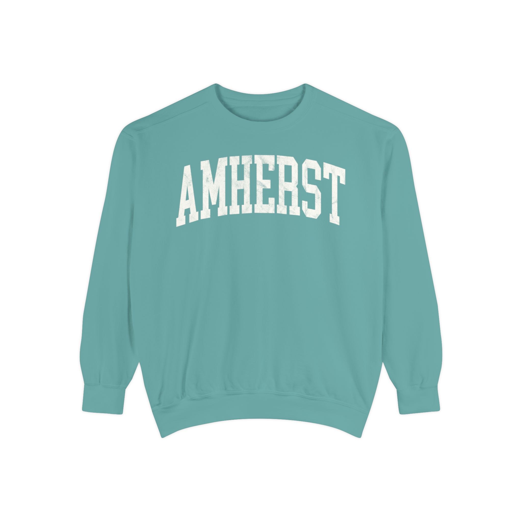 Amherst Garment-Dyed Crewneck in Erie Blue, front — AMHERST lettering