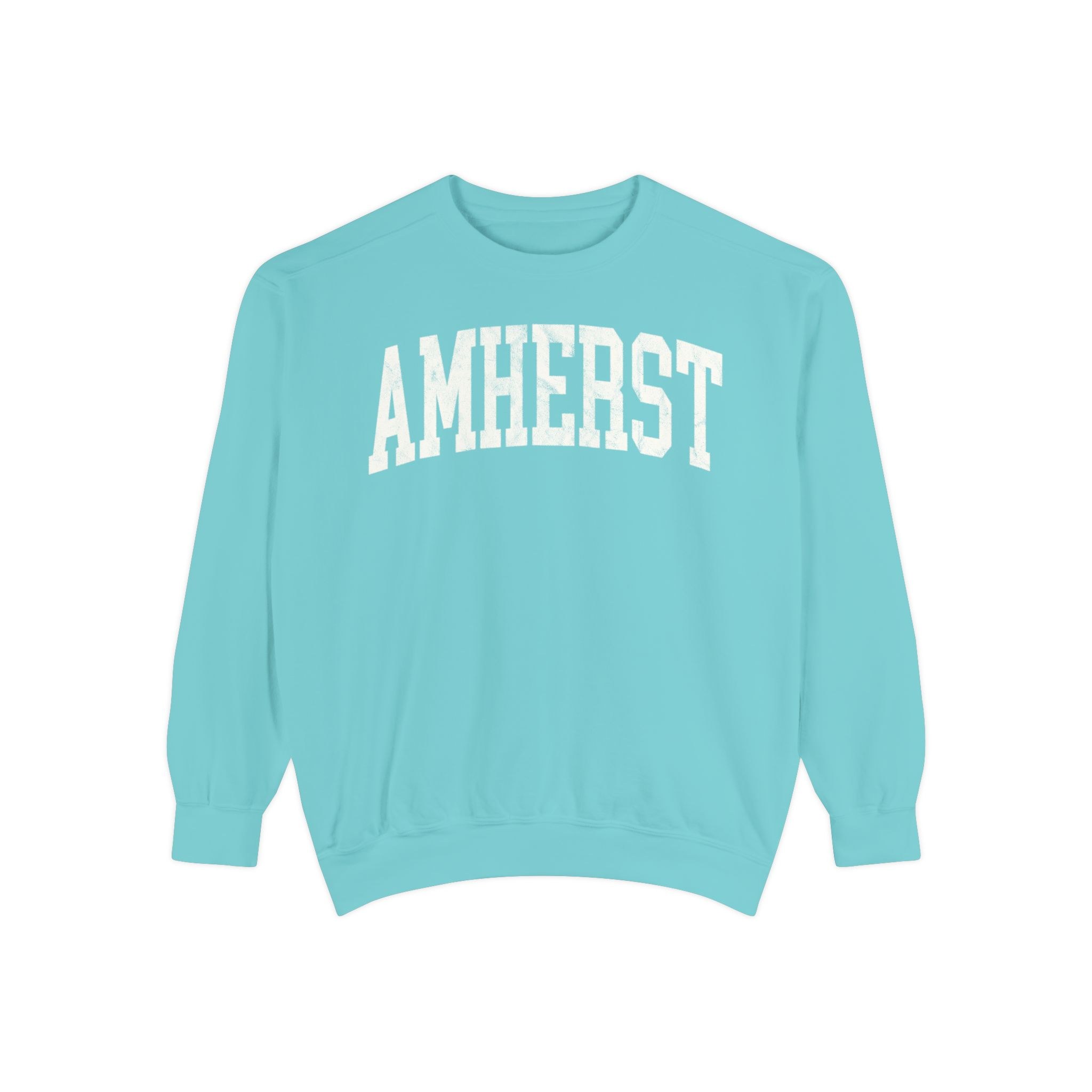 Amherst Garment-Dyed Crewneck in Light Ice, front — AMHERST lettering