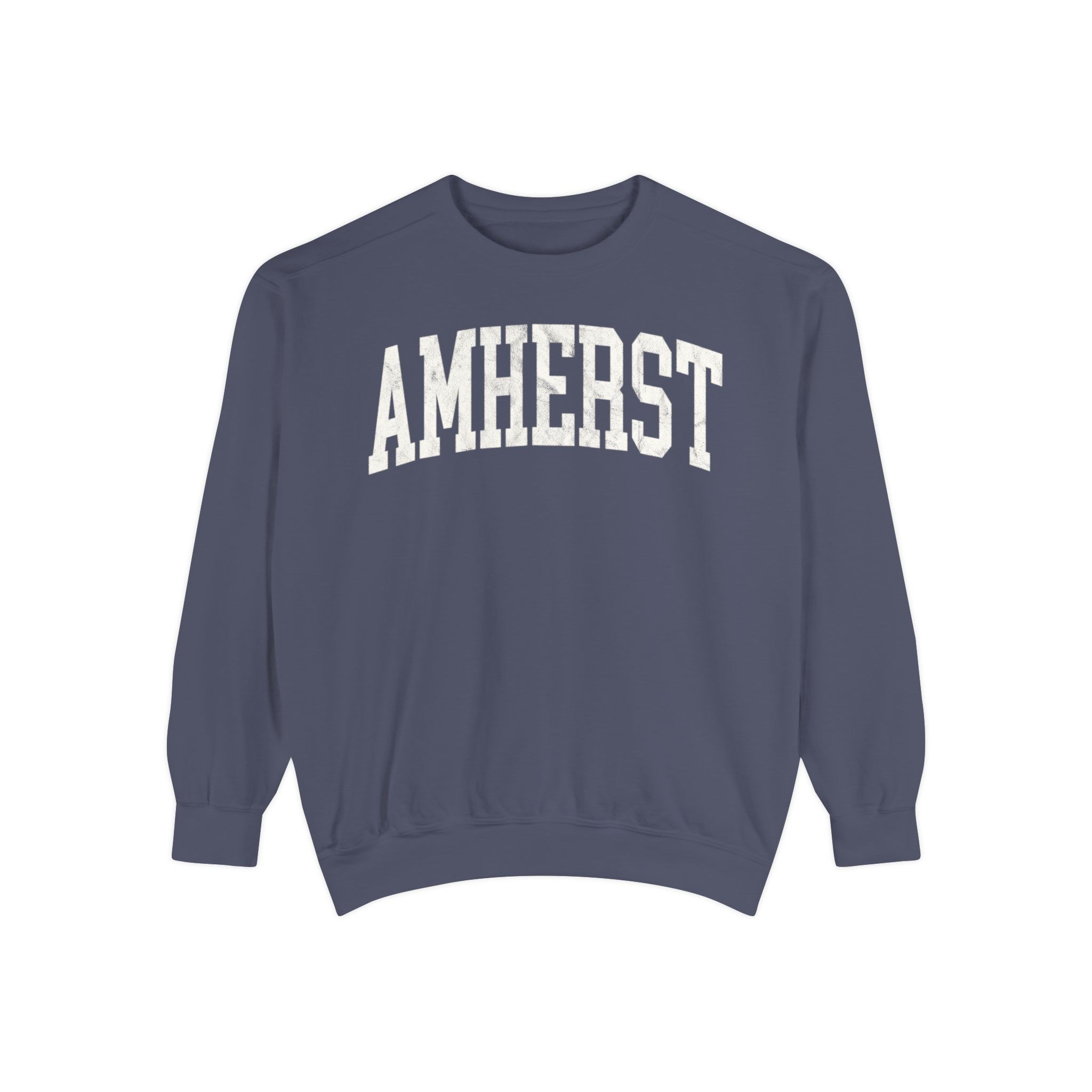 Amherst Garment-Dyed Crewneck in Predawn, front — AMHERST lettering