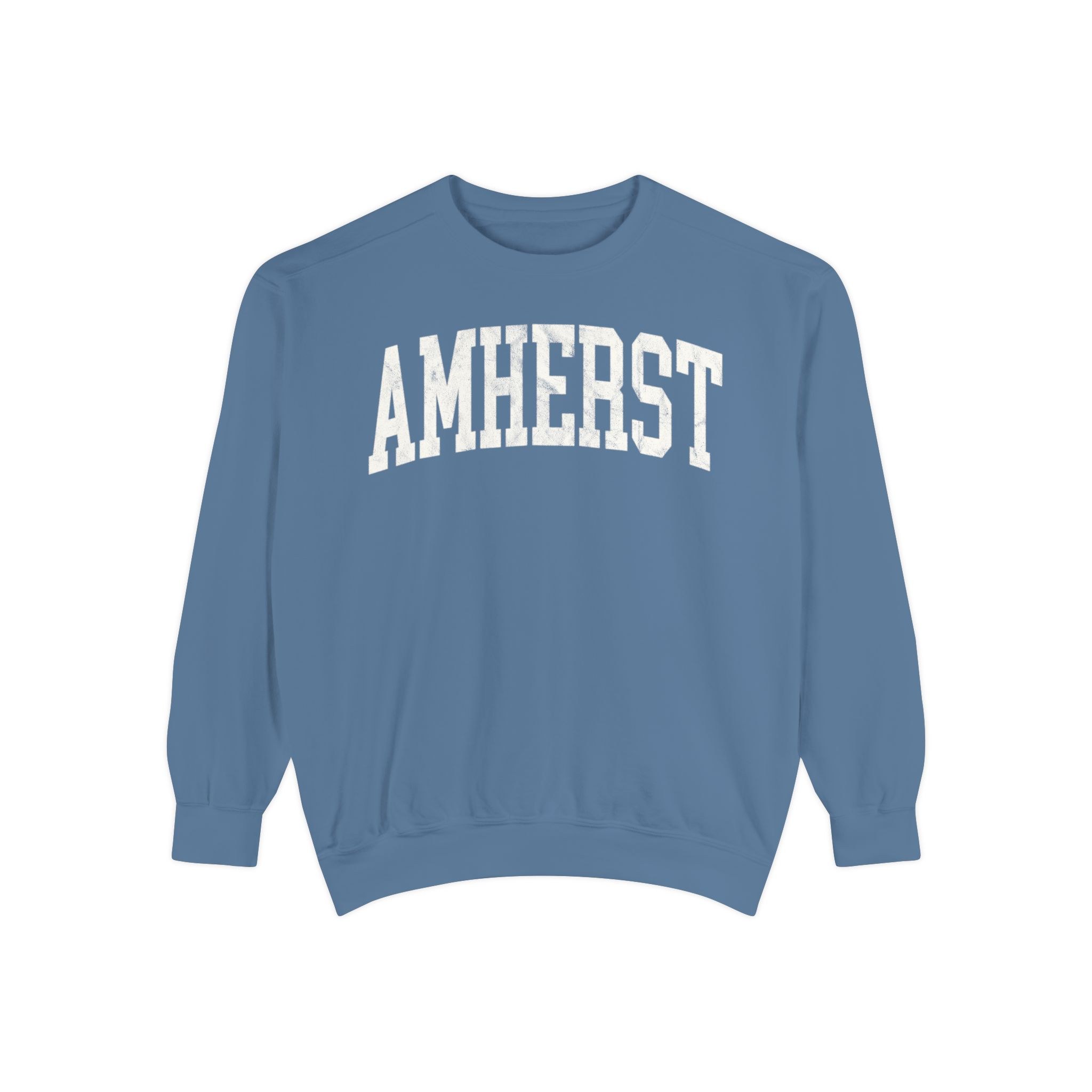 Amherst Garment-Dyed Crewneck in Samantha Blue, front — AMHERST lettering