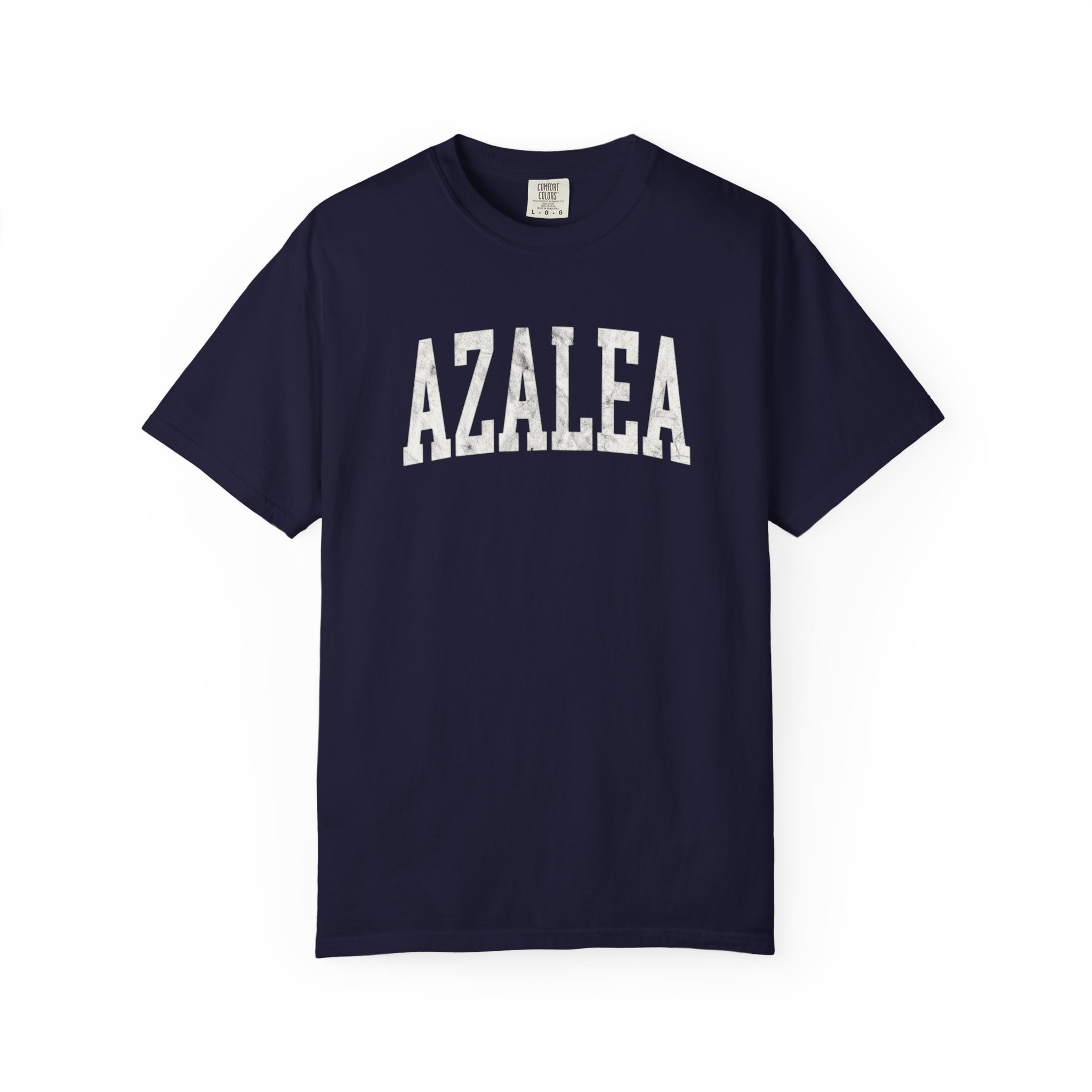 Azalea Garment-Dyed Tee in Boathouse Blue, front — AZALEA lettering