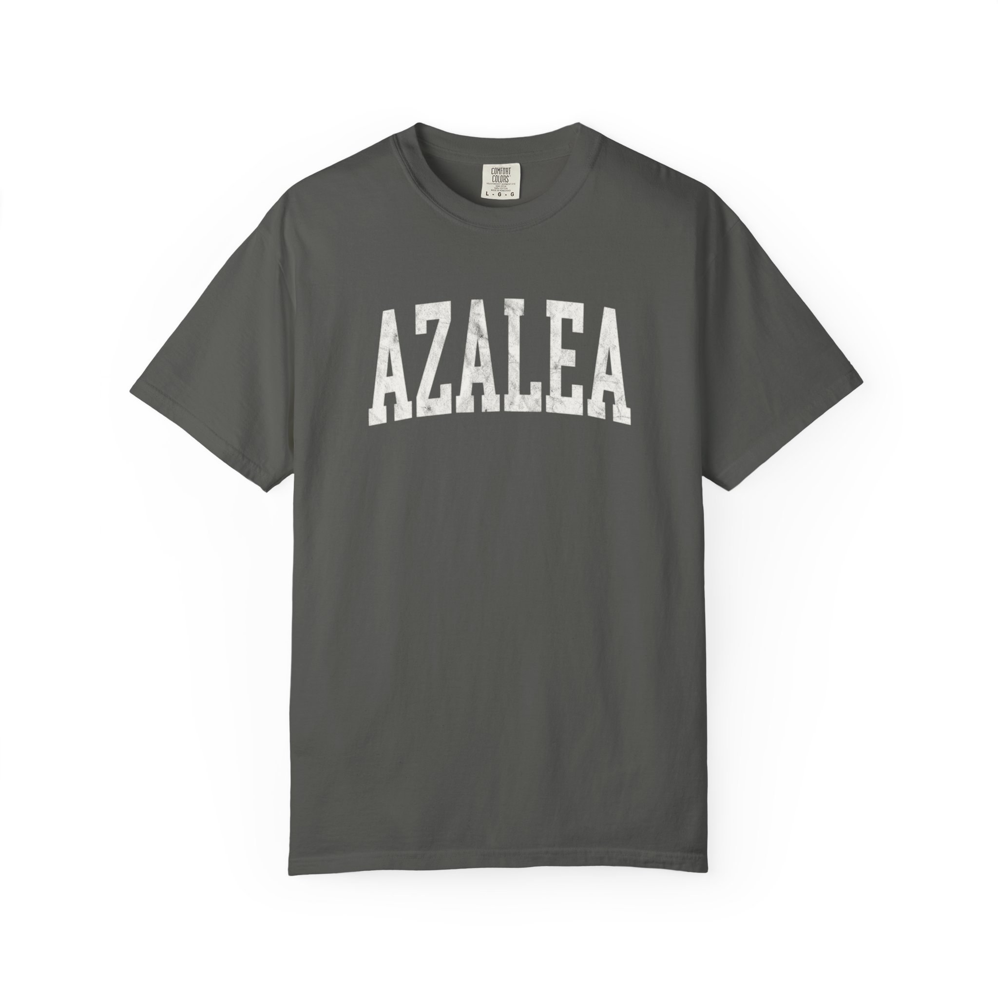 Azalea Garment-Dyed Tee in Concrete, front — AZALEA lettering