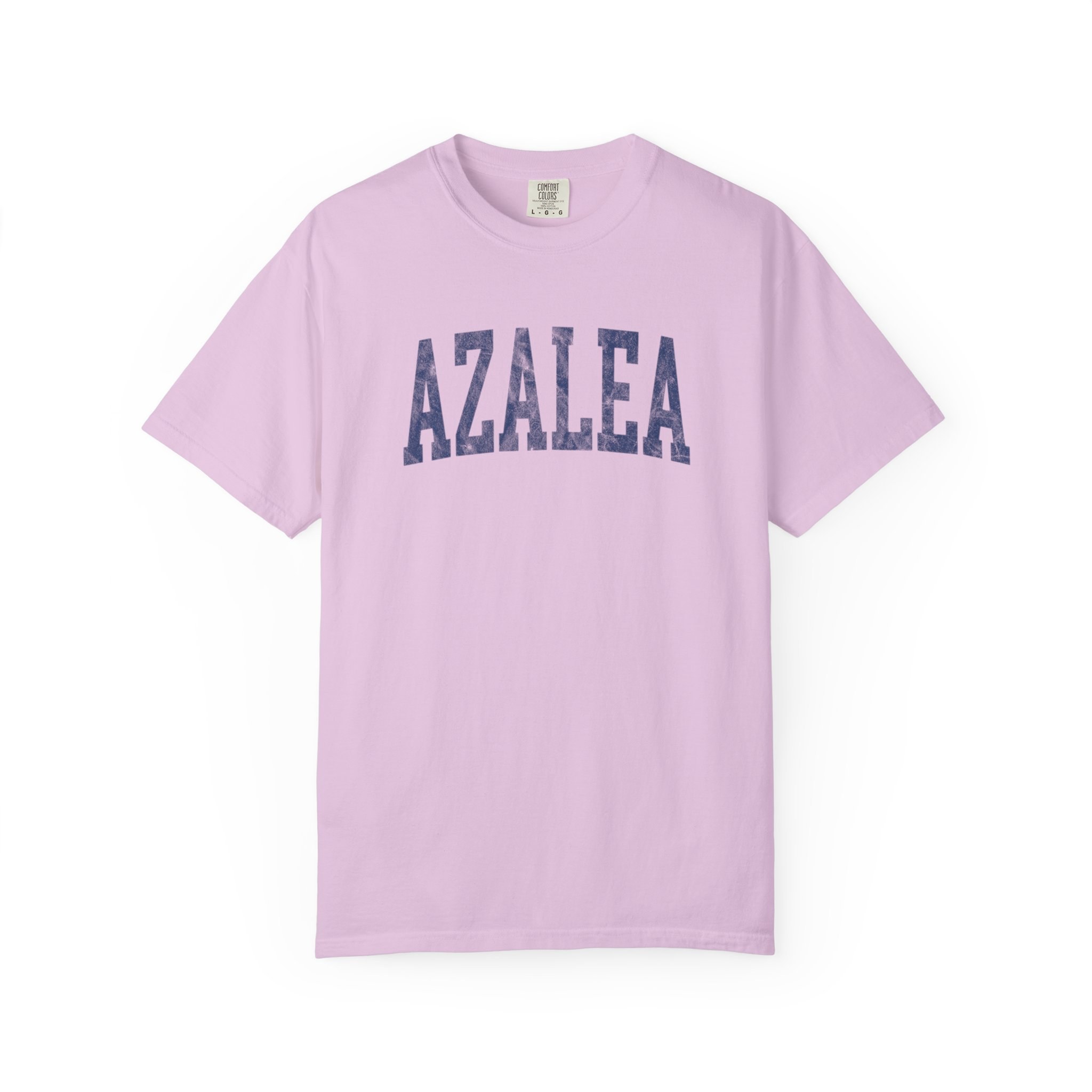 Azalea Garment-Dyed Tee in Lilac Szn, front — AZALEA lettering
