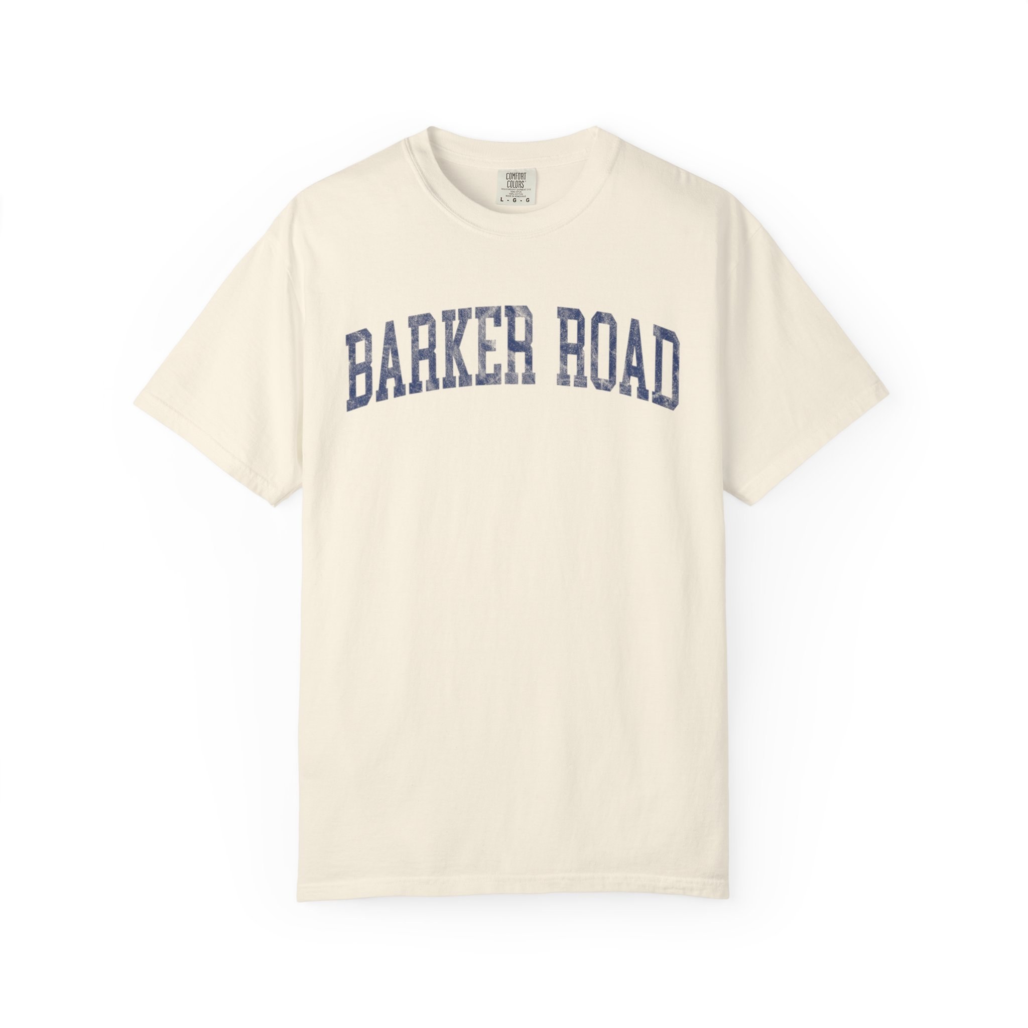 Barker Road Garment-Dyed Tee in Crème Fraîche, front — BARKER ROAD lettering
