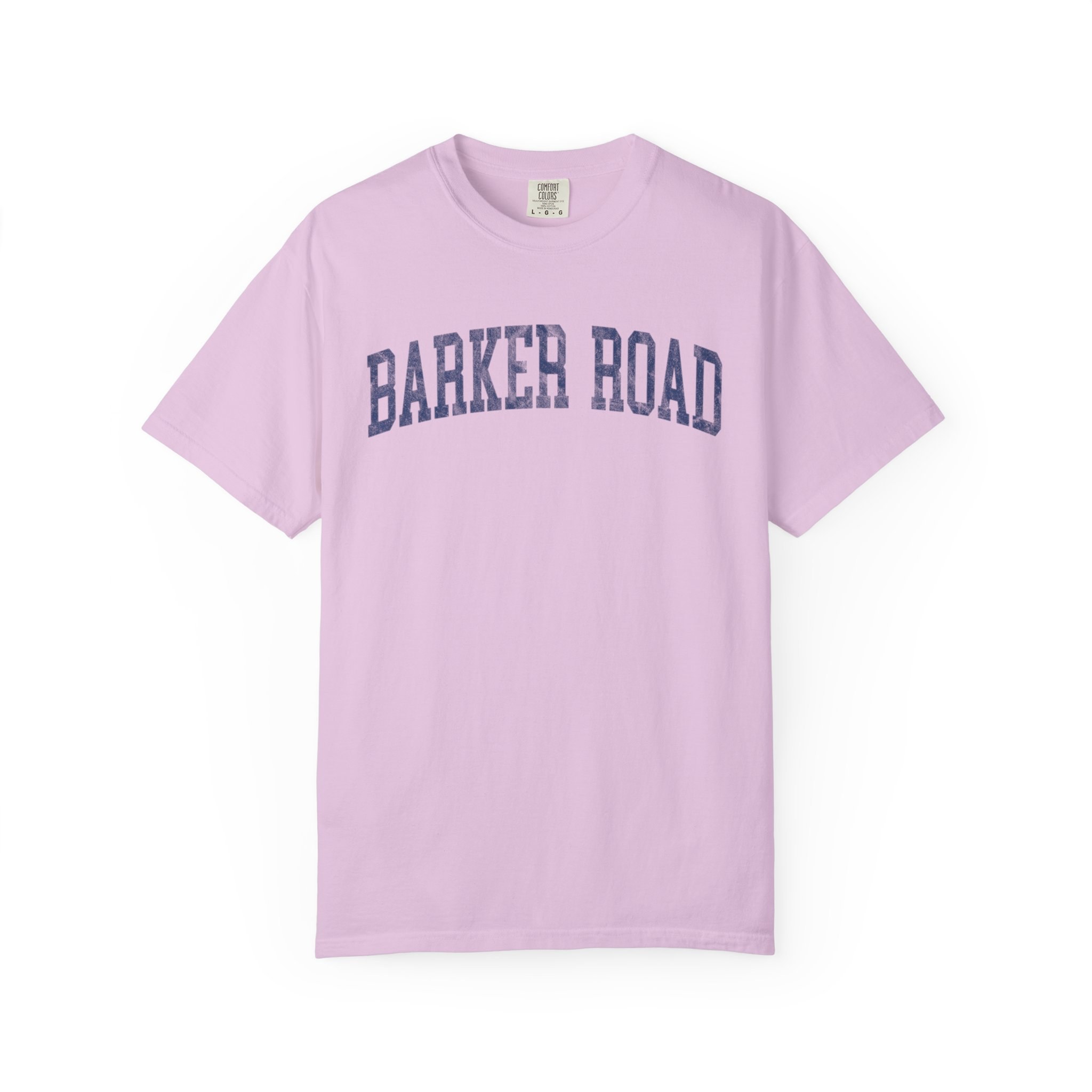 Barker Road Garment-Dyed Tee in Lilac Szn, front — BARKER ROAD lettering