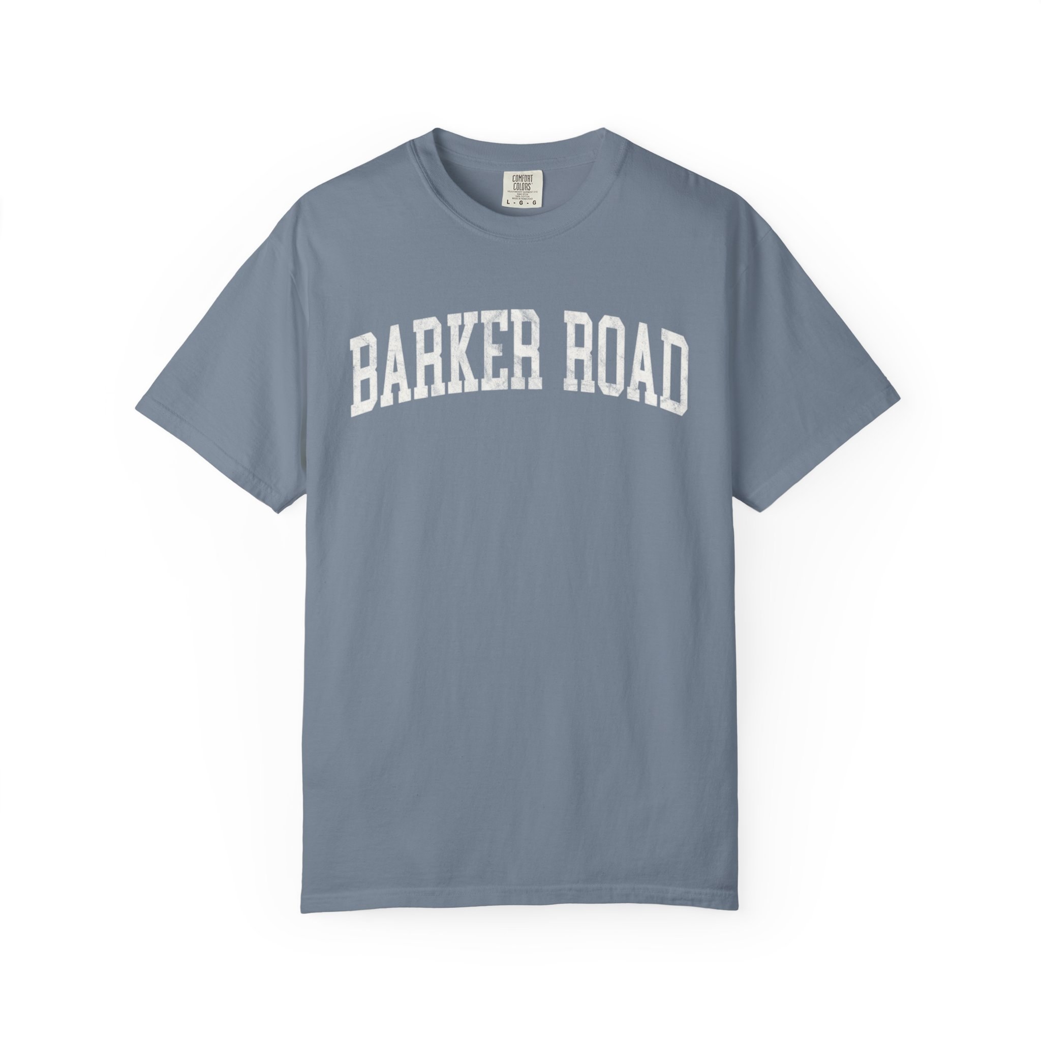 Barker Road Garment-Dyed Tee in Samantha Blue, front — BARKER ROAD lettering