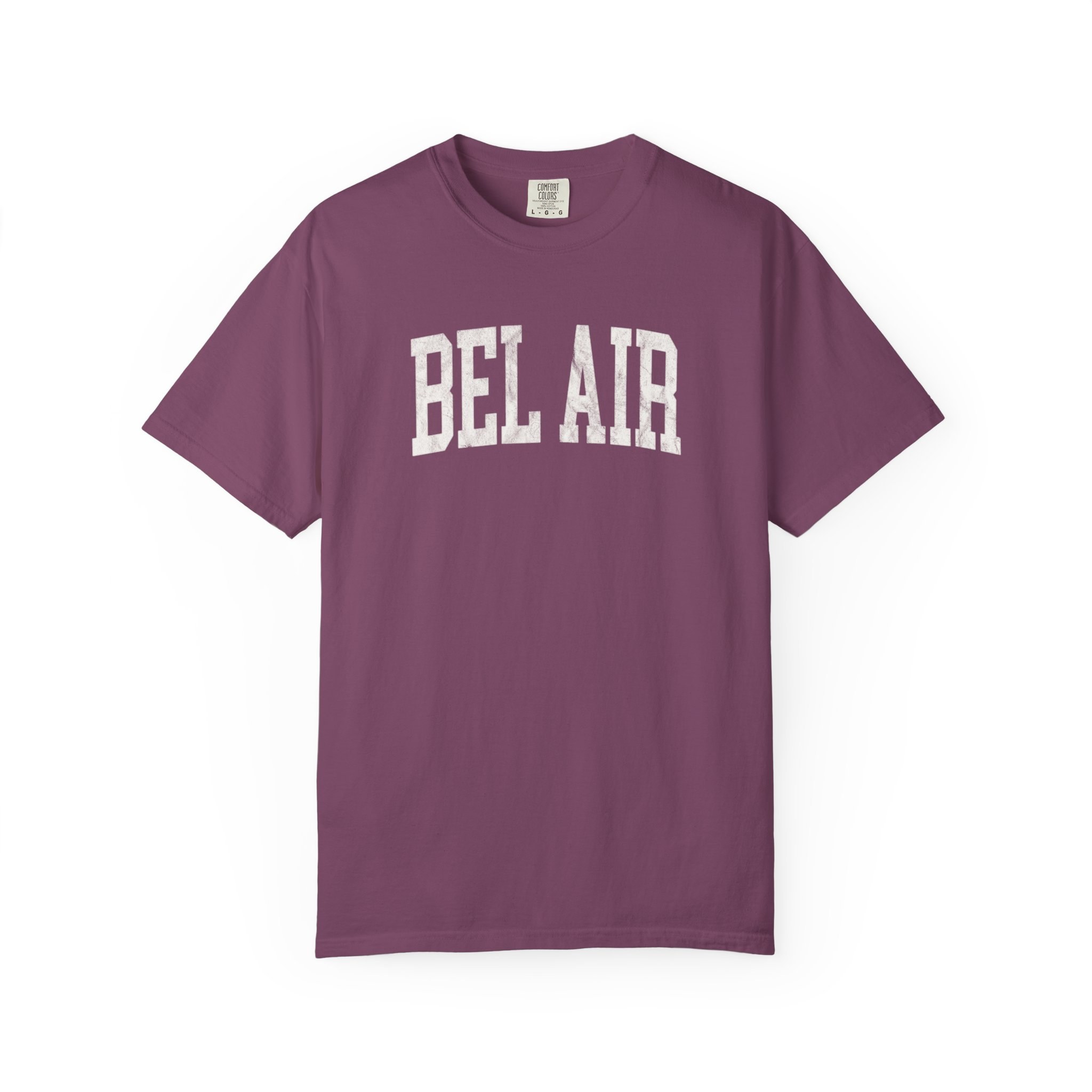 Bel Air Garment-Dyed Tee in Açai Berry, front — BEL AIR lettering