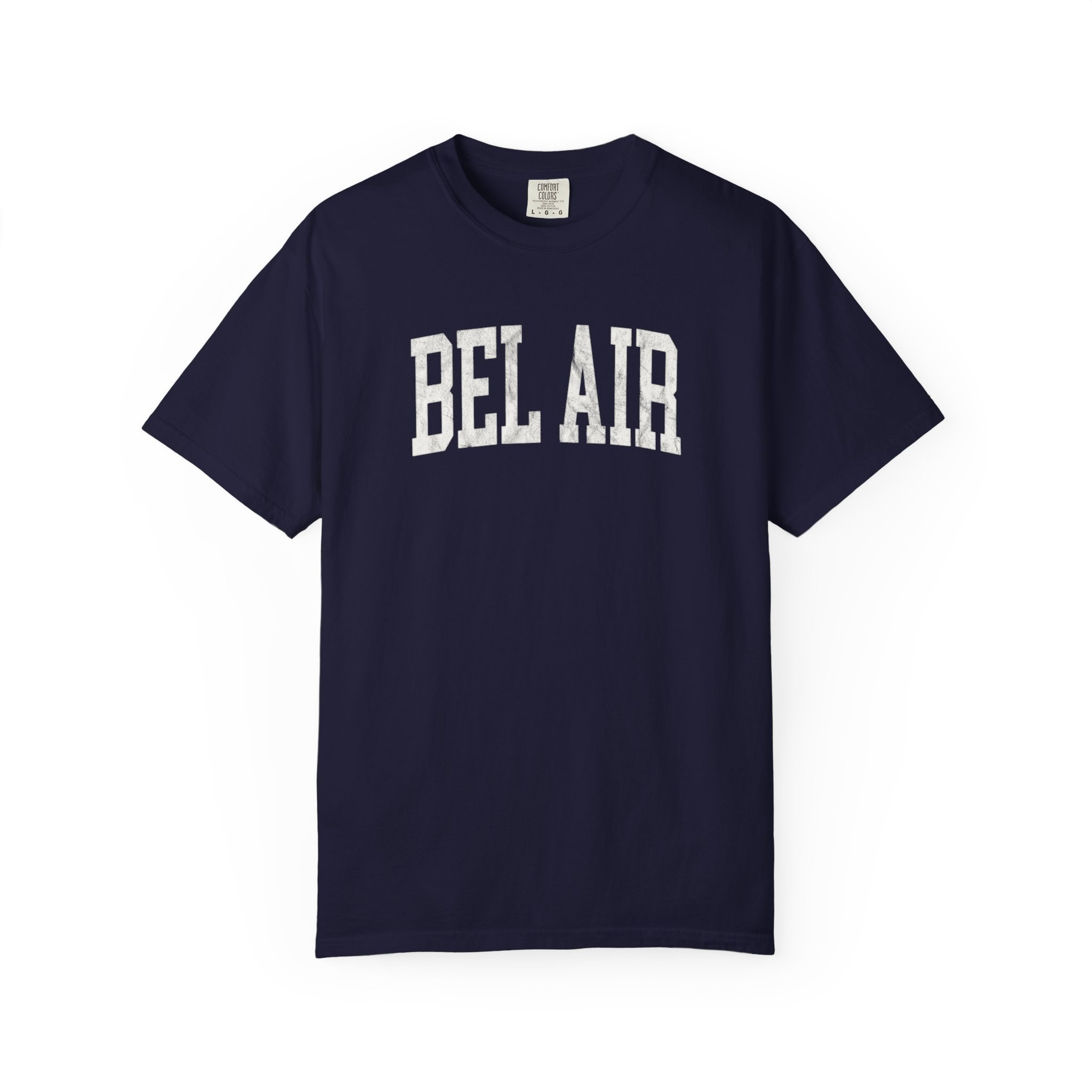 Bel Air Garment-Dyed Tee in Boathouse Blue, front — BEL AIR lettering