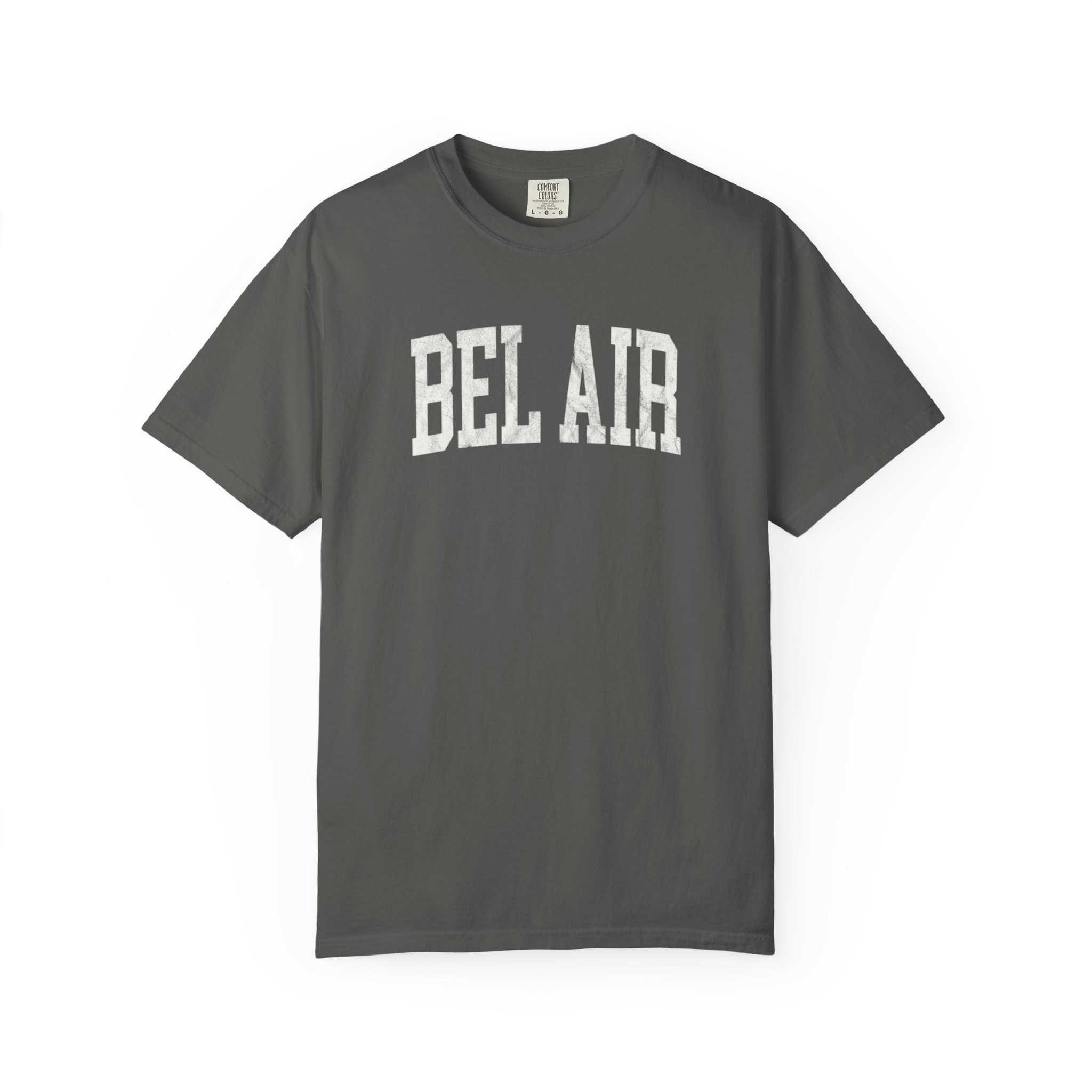 Bel Air Garment-Dyed Tee in Concrete, front — BEL AIR lettering