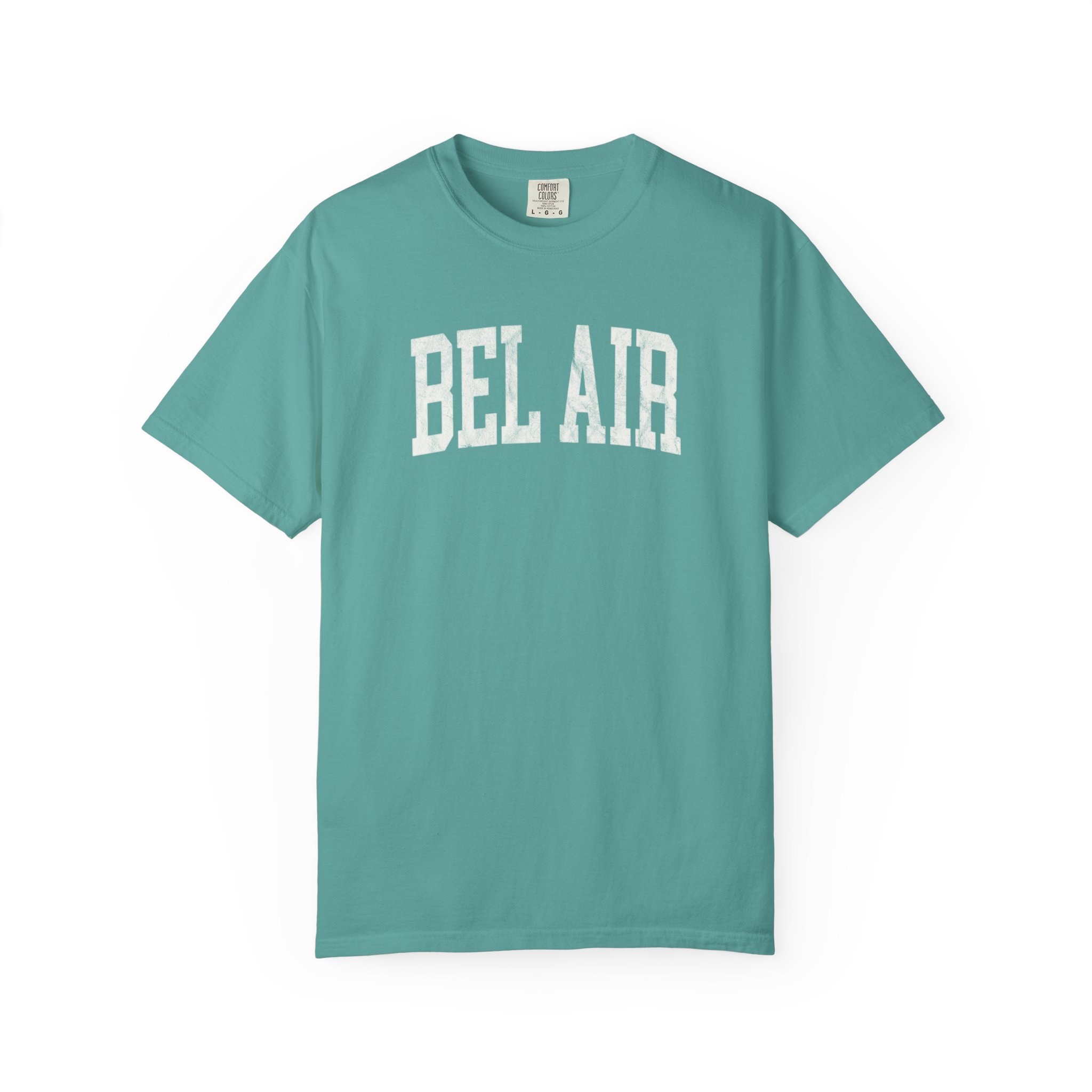 Bel Air Garment-Dyed Tee in Erie Blue, front — BEL AIR lettering
