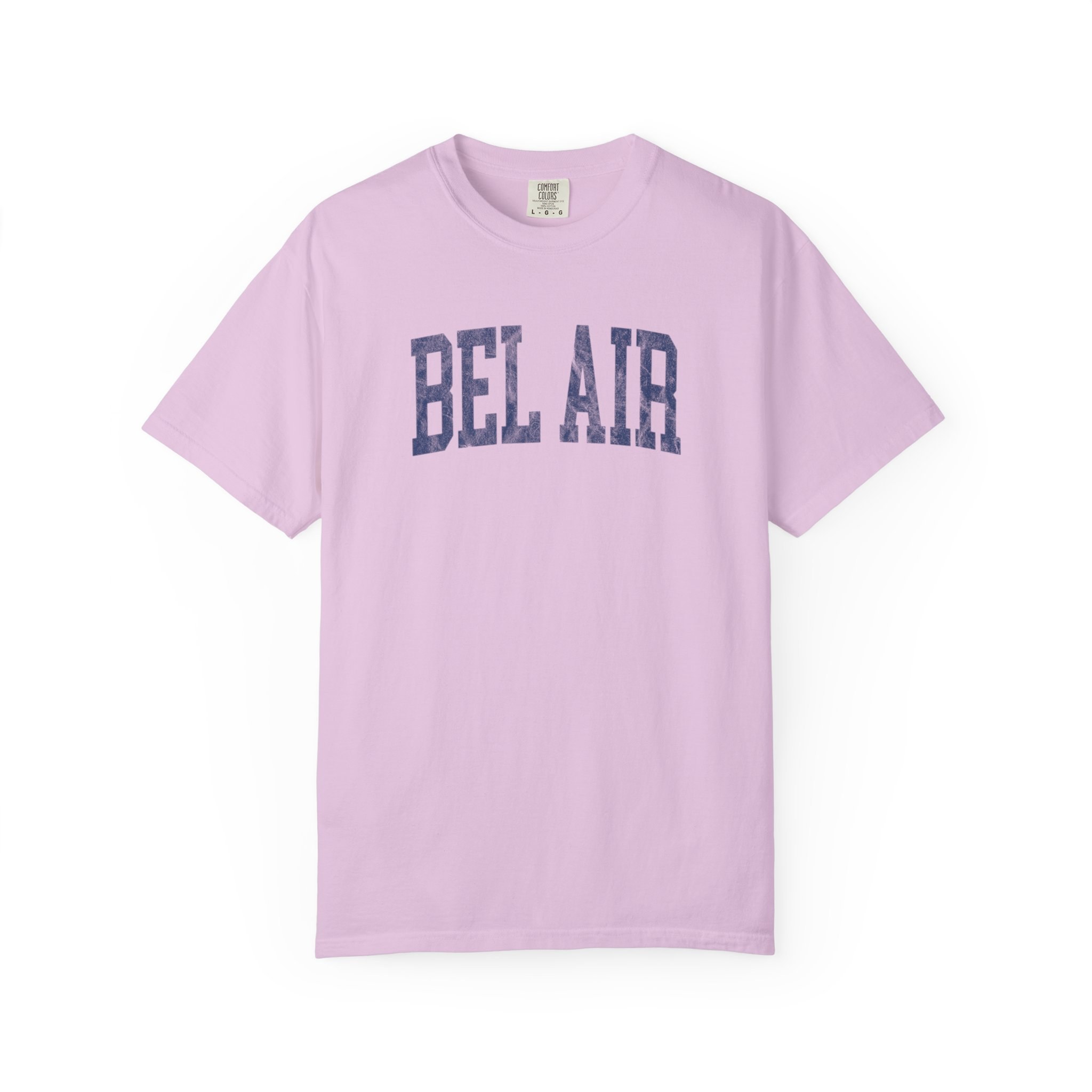 Bel Air Garment-Dyed Tee in Lilac Szn, front — BEL AIR lettering