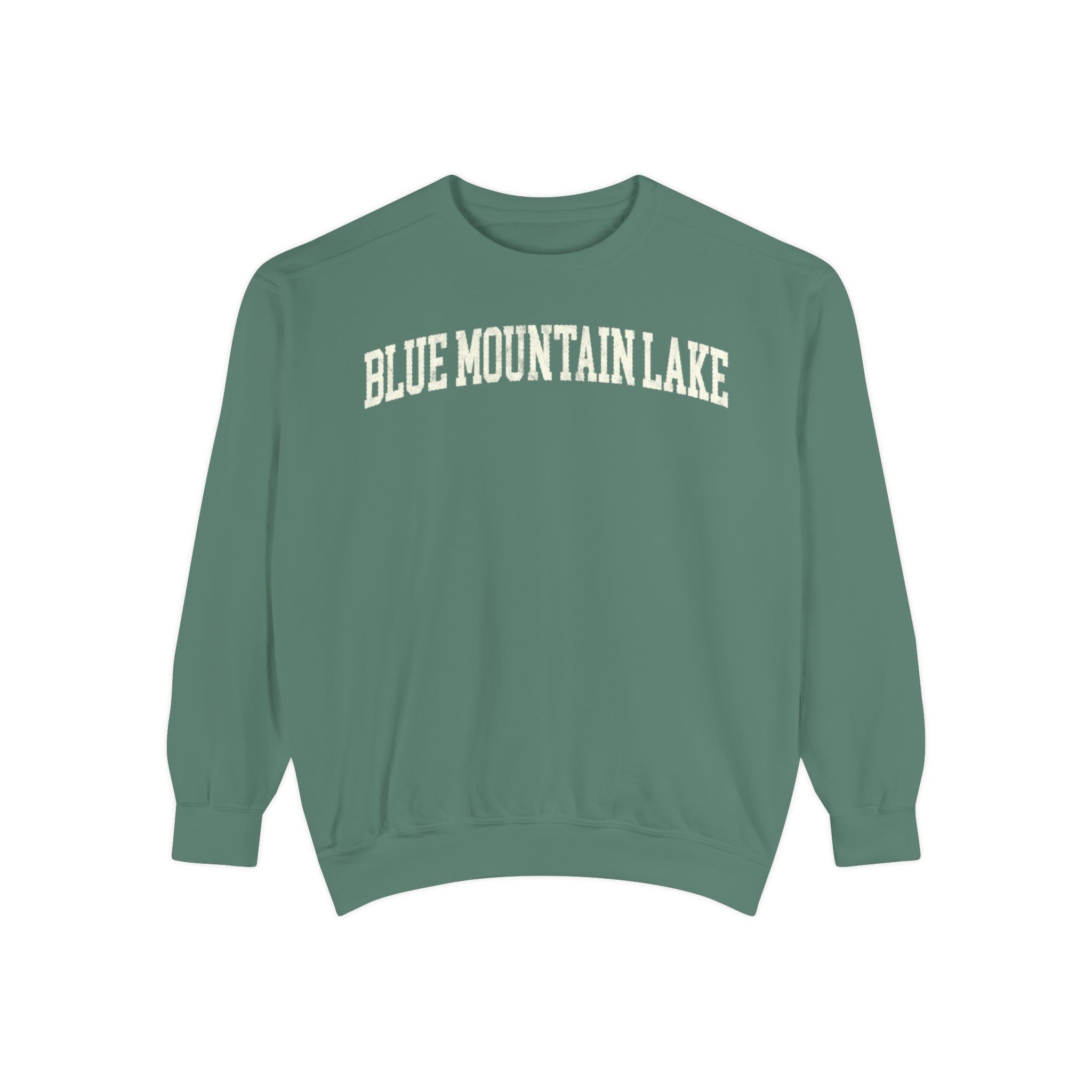 Blue Mountain Lake Garment-Dyed Crewneck in Light Green, front — BLUE MOUNTAIN LAKE lettering