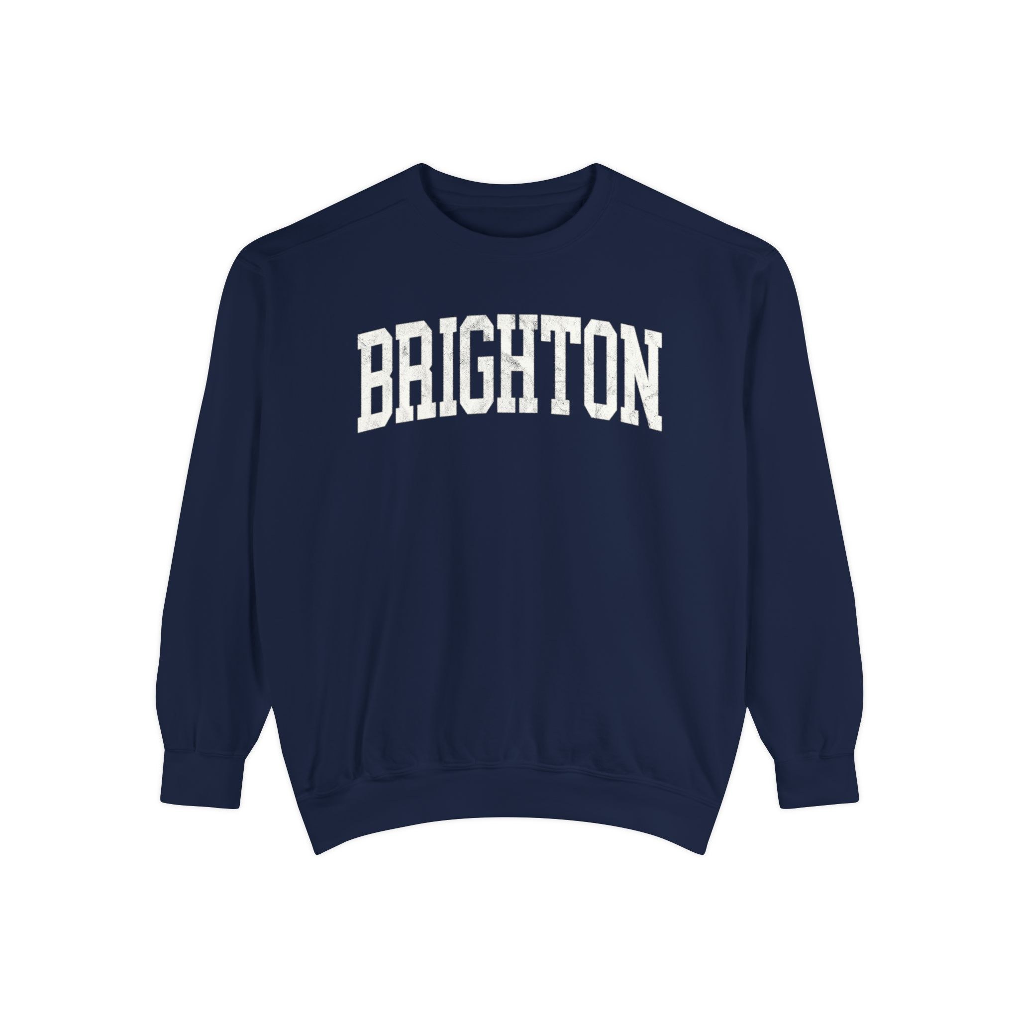 Brighton Garment-Dyed Crewneck in Boathouse Blue, front — BRIGHTON lettering