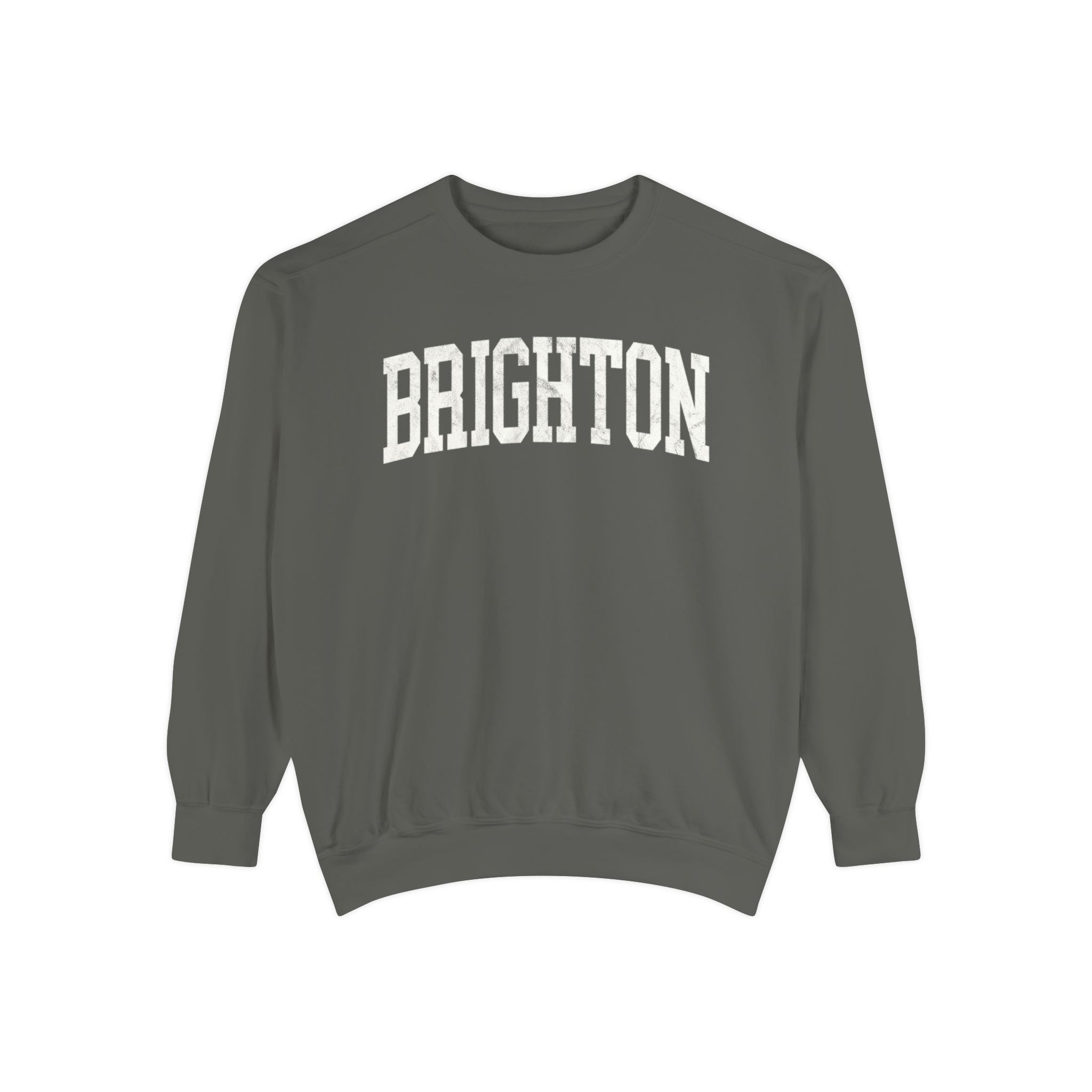 Brighton Garment-Dyed Crewneck in Concrete, front — BRIGHTON lettering