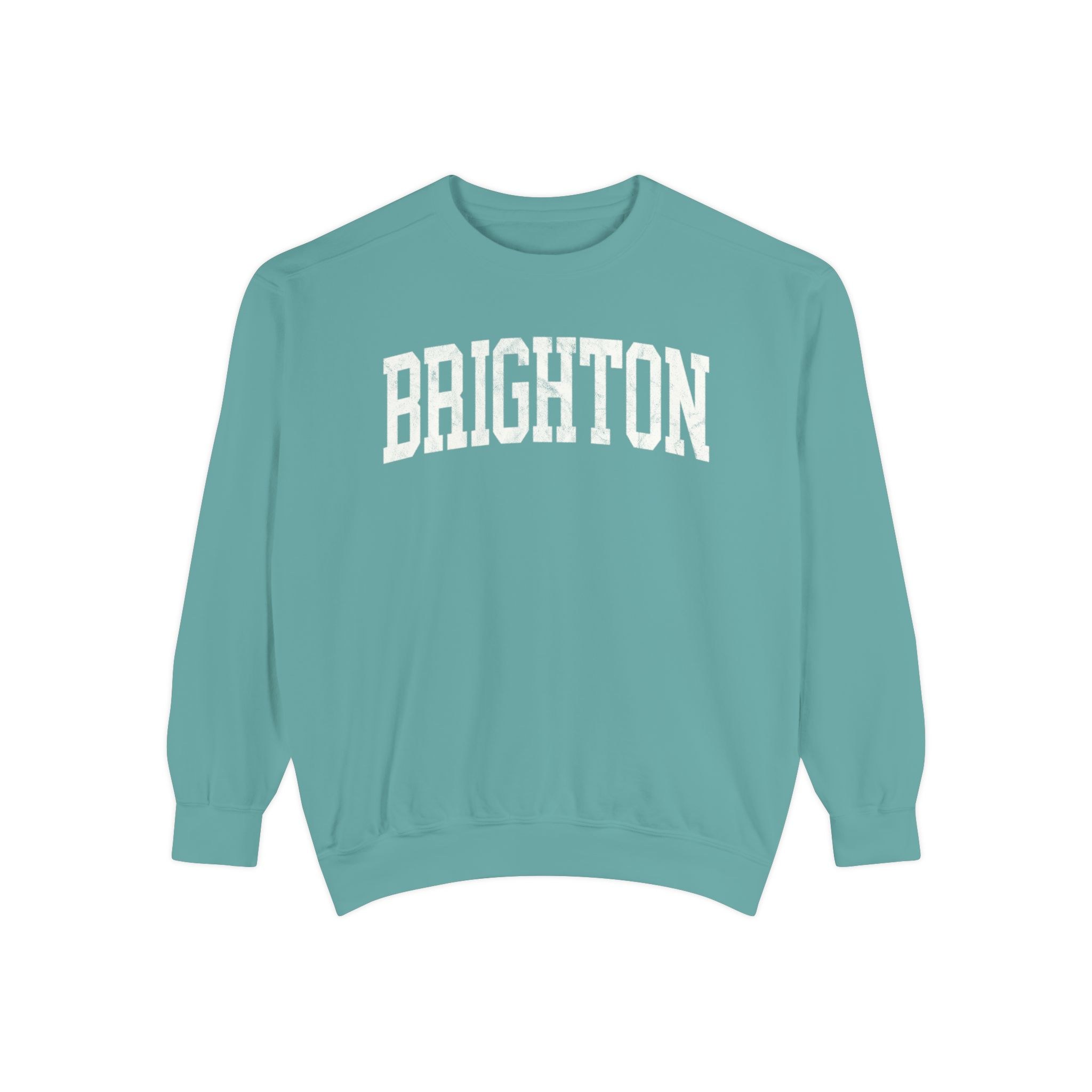 Brighton Garment-Dyed Crewneck in Erie Blue, front — BRIGHTON lettering