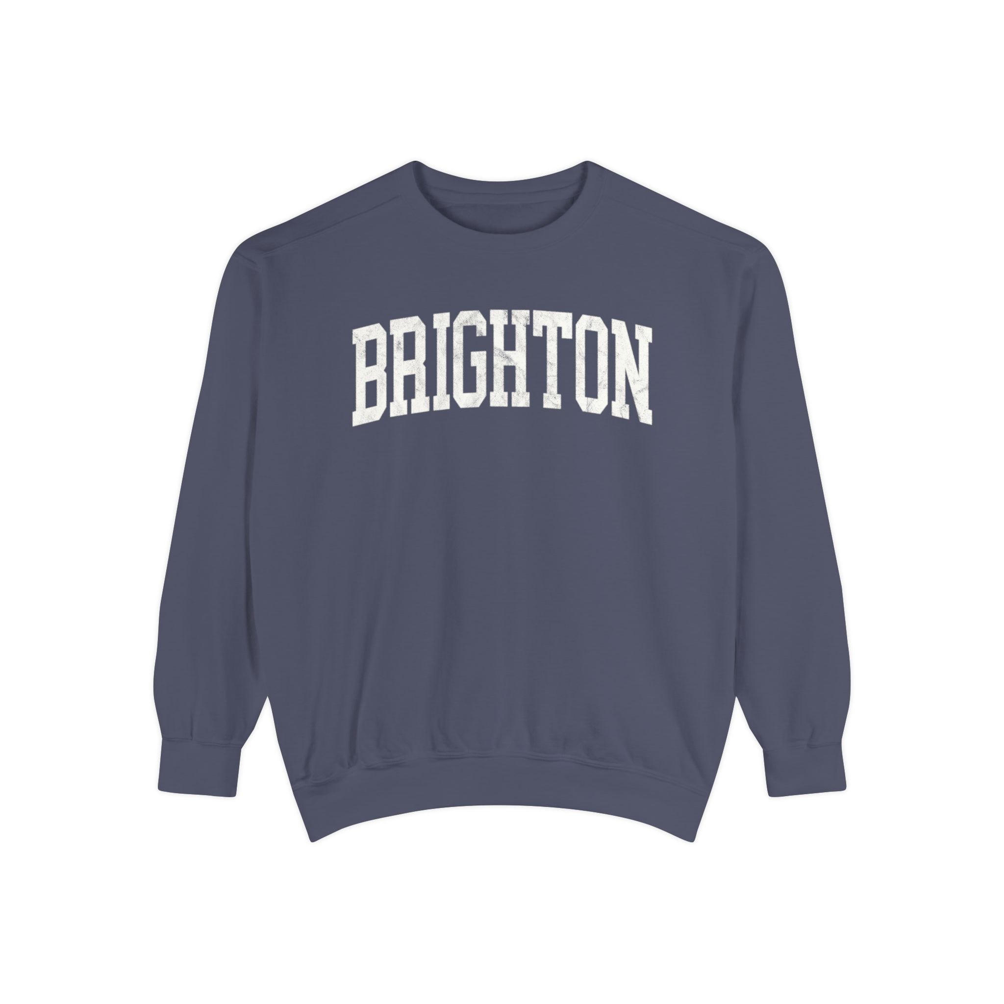 Brighton Garment-Dyed Crewneck in Predawn, front — BRIGHTON lettering
