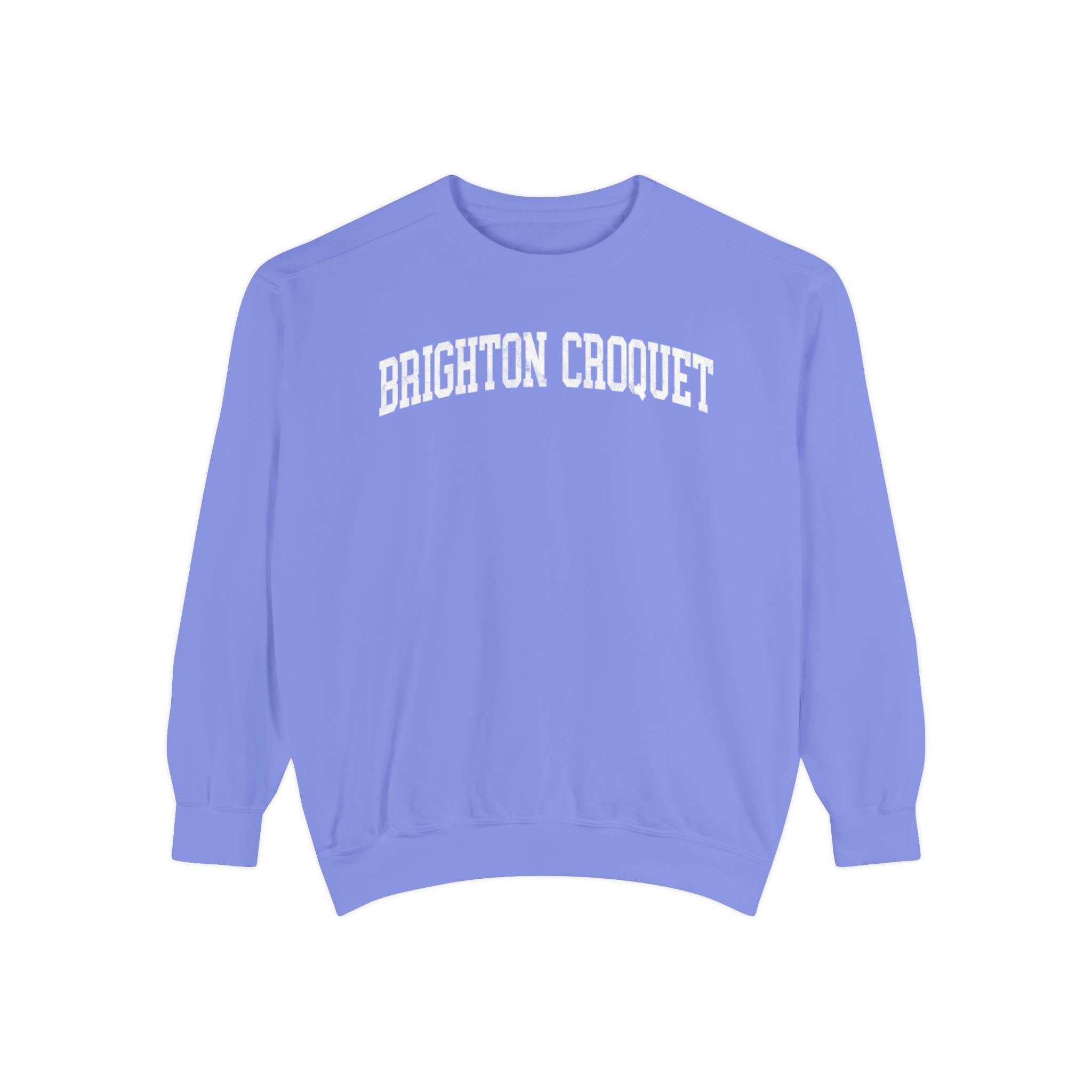 Brighton Croquet Garment-Dyed Crewneck in Conesus Blue, front — BRIGHTON CROQUET lettering