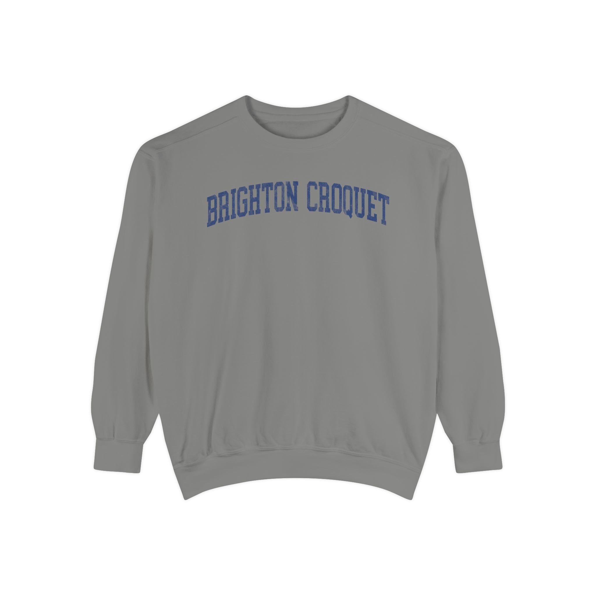Brighton Croquet Garment-Dyed Crewneck in Dusting, front — BRIGHTON CROQUET lettering