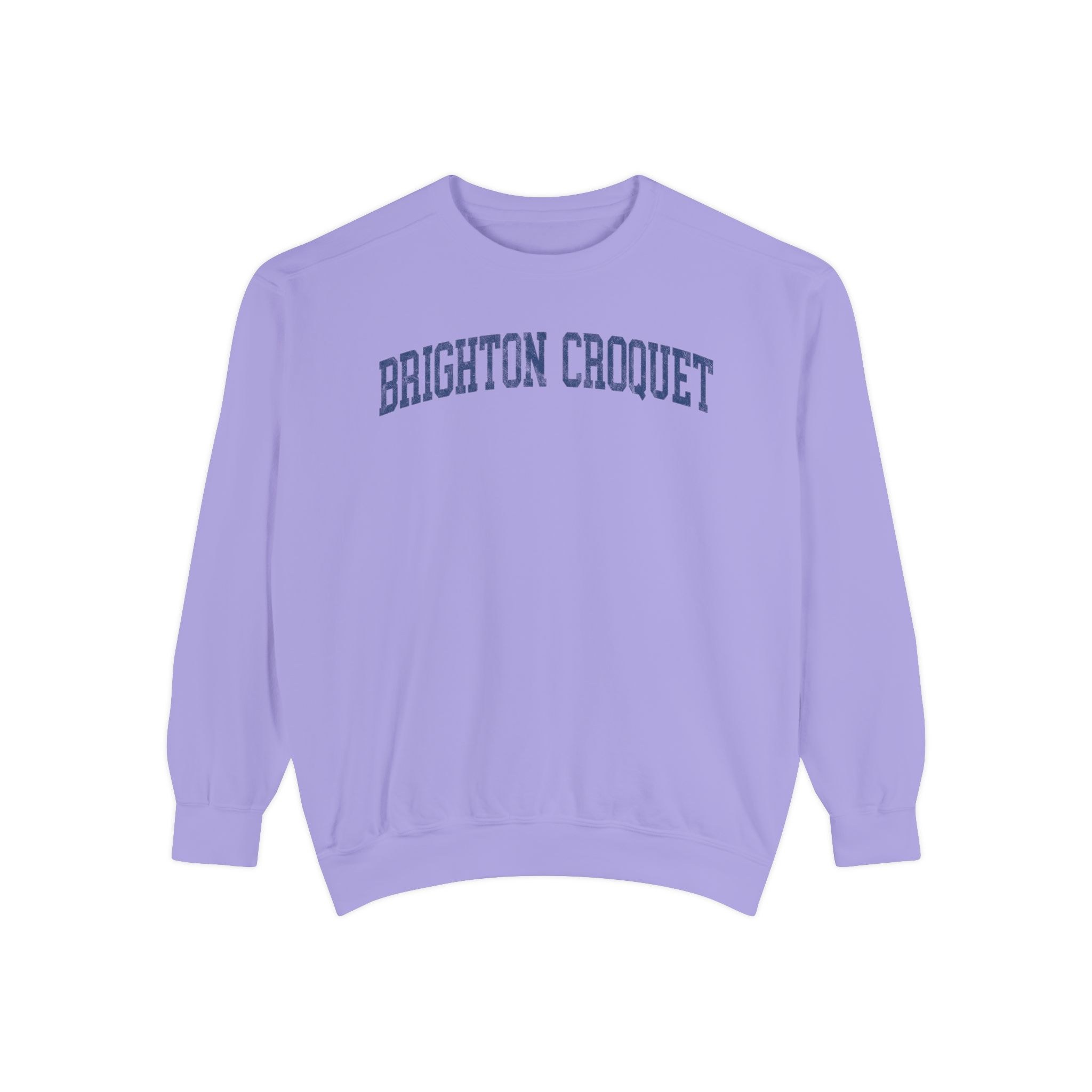 Brighton Croquet Garment-Dyed Crewneck in Lavender Fields, front — BRIGHTON CROQUET lettering