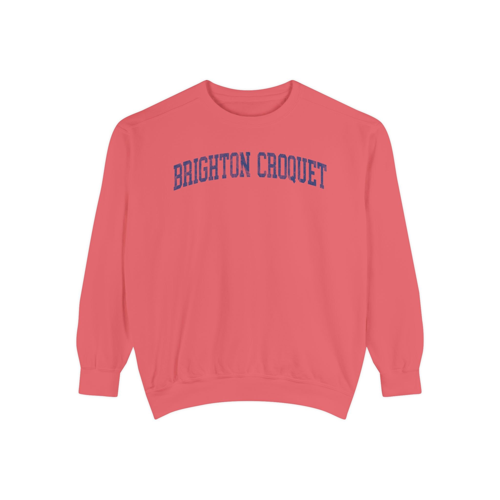 Brighton Croquet Garment-Dyed Crewneck in Strawberry Cloud, front — BRIGHTON CROQUET lettering