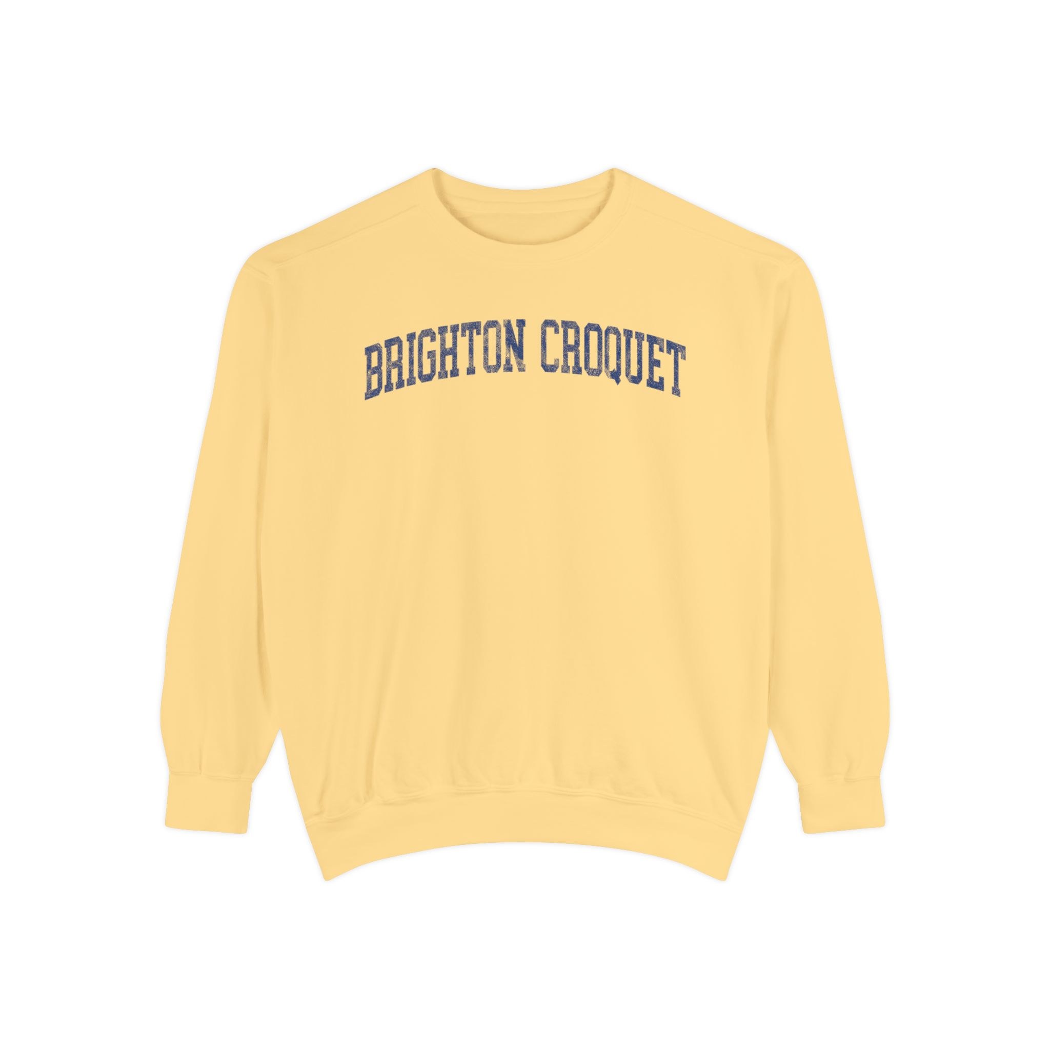 Brighton Croquet Garment-Dyed Crewneck in Unsalted, front — BRIGHTON CROQUET lettering