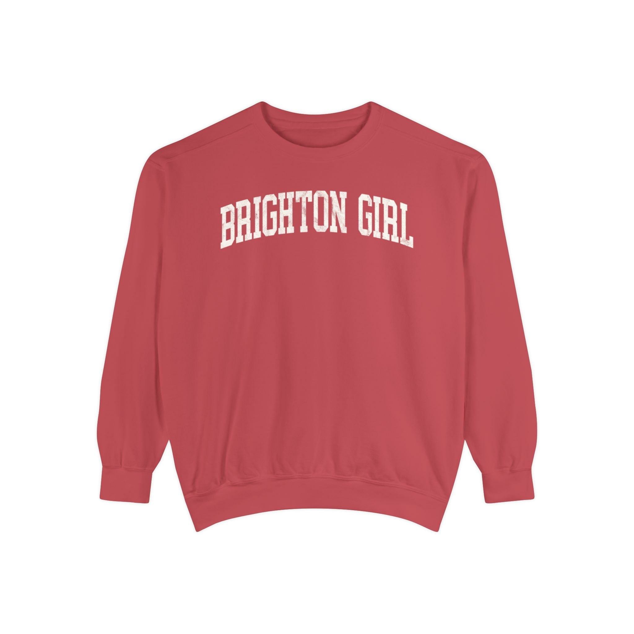 Brighton Girl Garment-Dyed Crewneck in Collegiate Crimson, front — BRIGHTON GIRL lettering