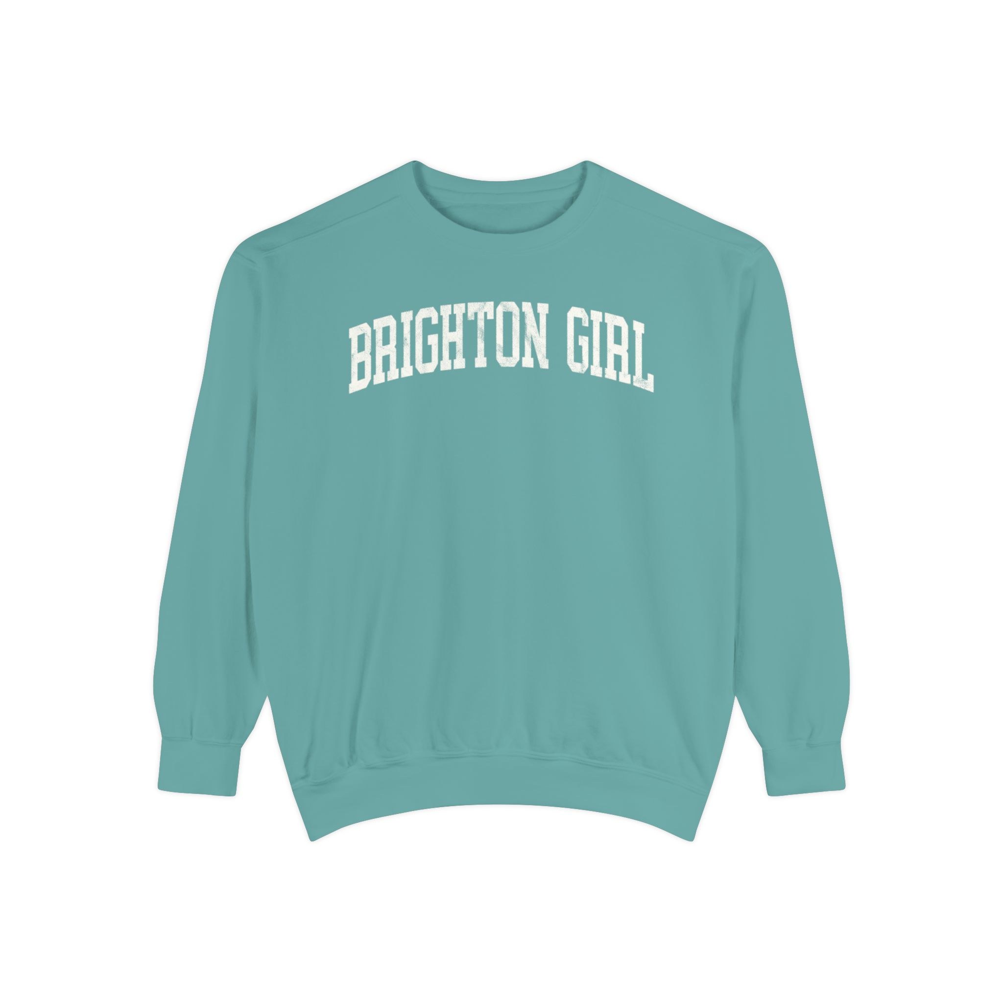 Brighton Girl Garment-Dyed Crewneck in Erie Blue, front — BRIGHTON GIRL lettering
