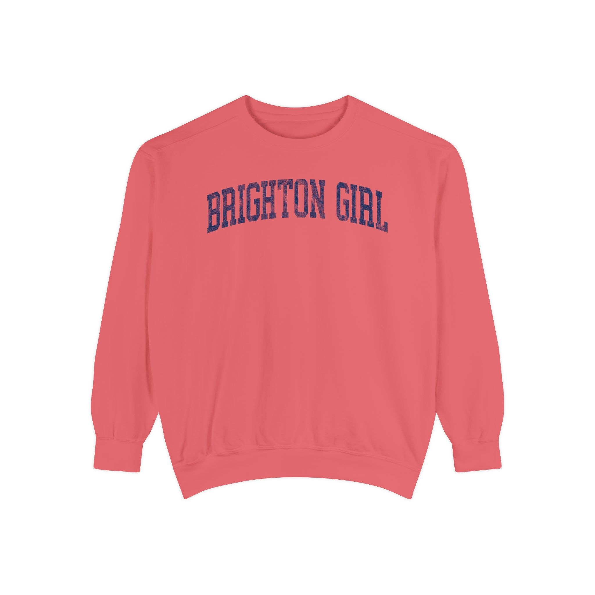 Brighton Girl Garment-Dyed Crewneck in Strawberry Cloud, front — BRIGHTON GIRL lettering