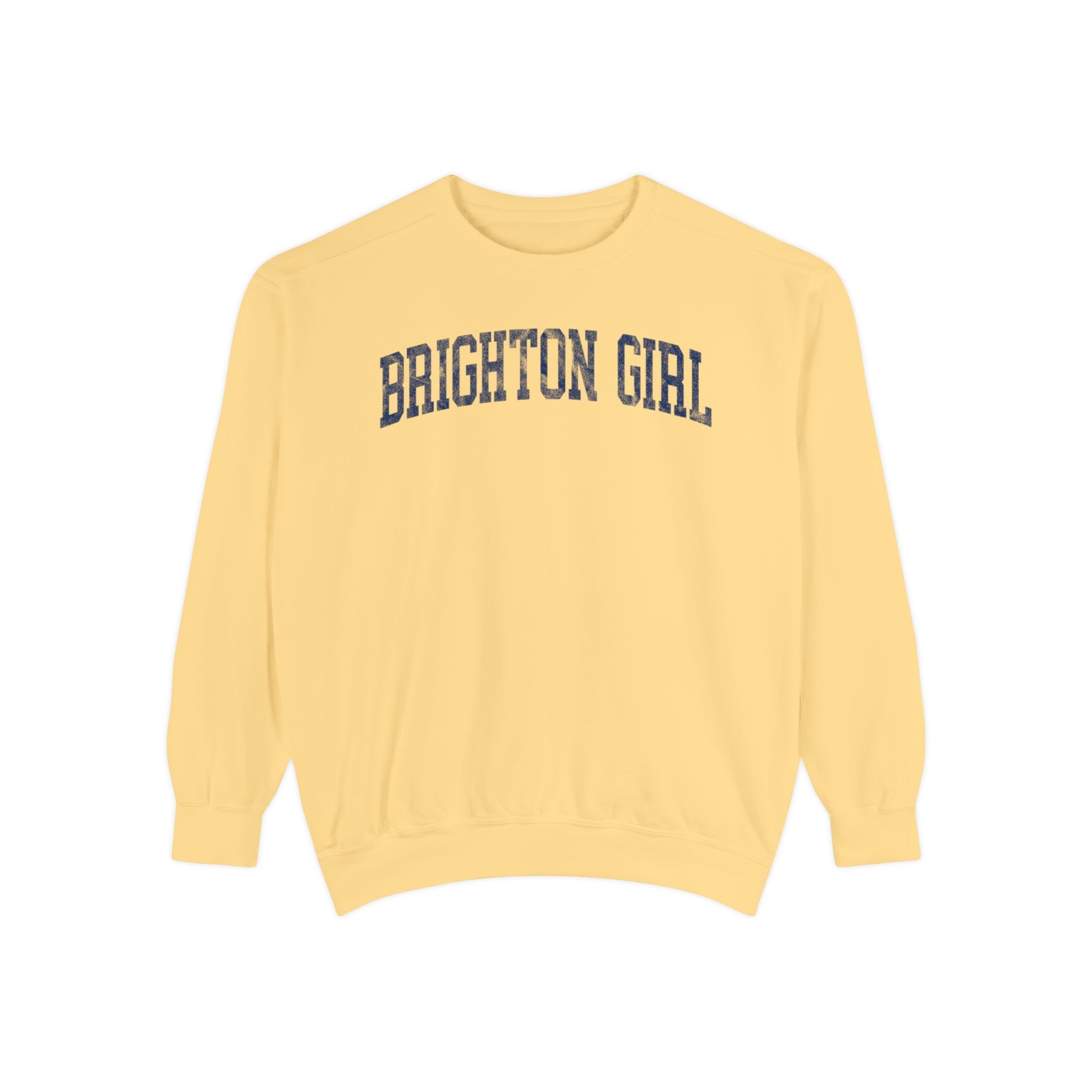 Brighton Girl Garment-Dyed Crewneck in Unsalted, front — BRIGHTON GIRL lettering
