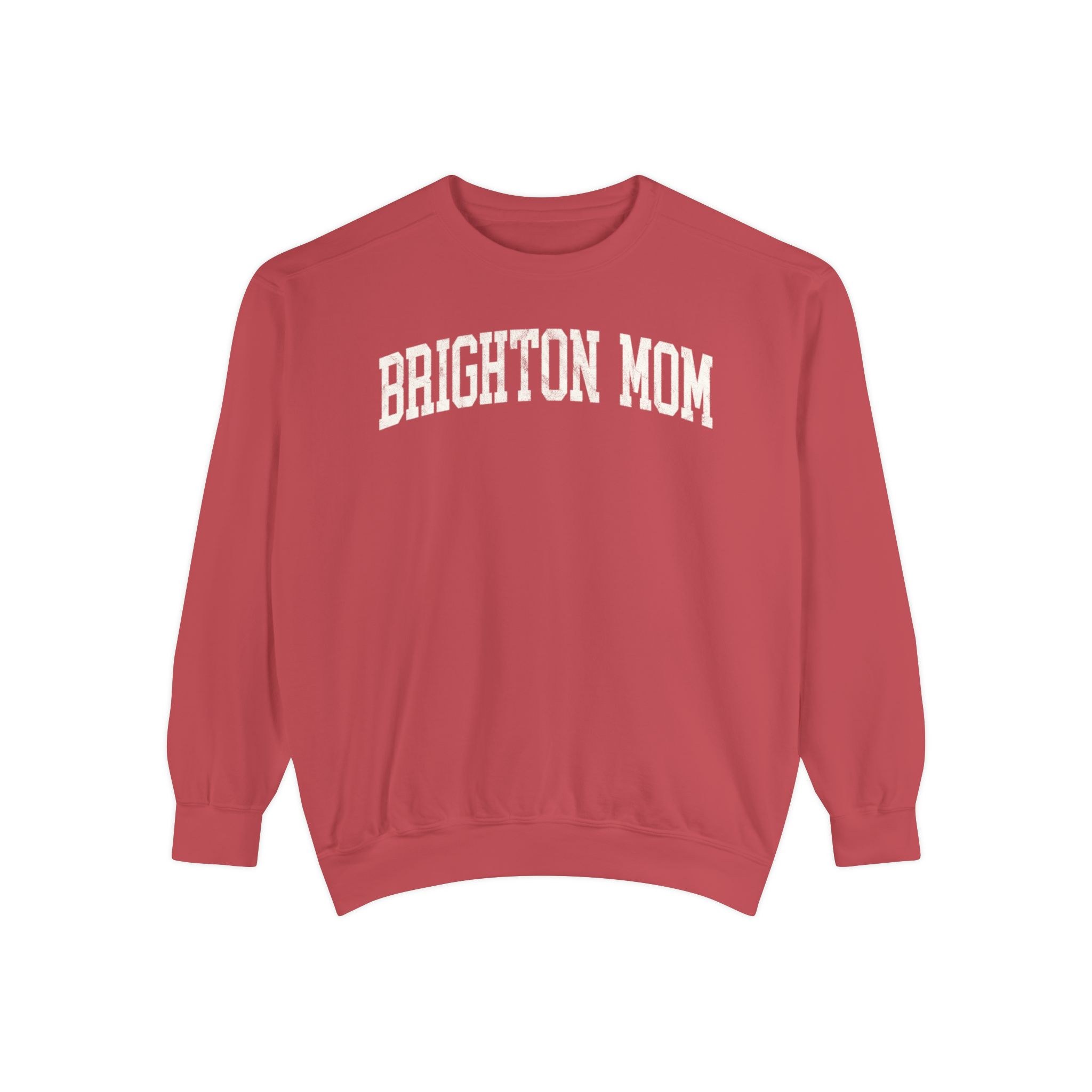 Brighton Mom Garment-Dyed Crewneck in Collegiate Crimson, front — BRIGHTON MOM lettering