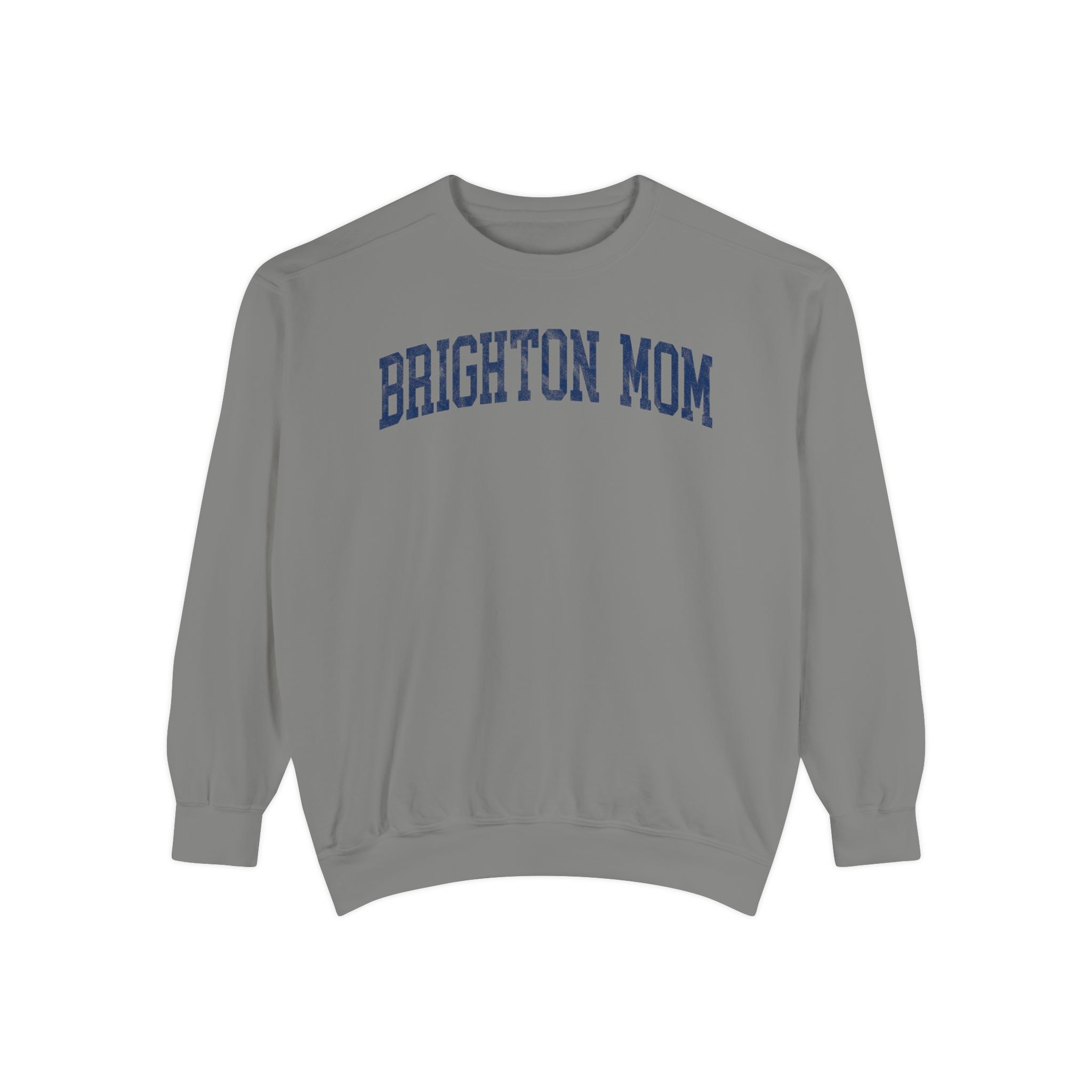 Brighton Mom Garment-Dyed Crewneck in Dusting, front — BRIGHTON MOM lettering